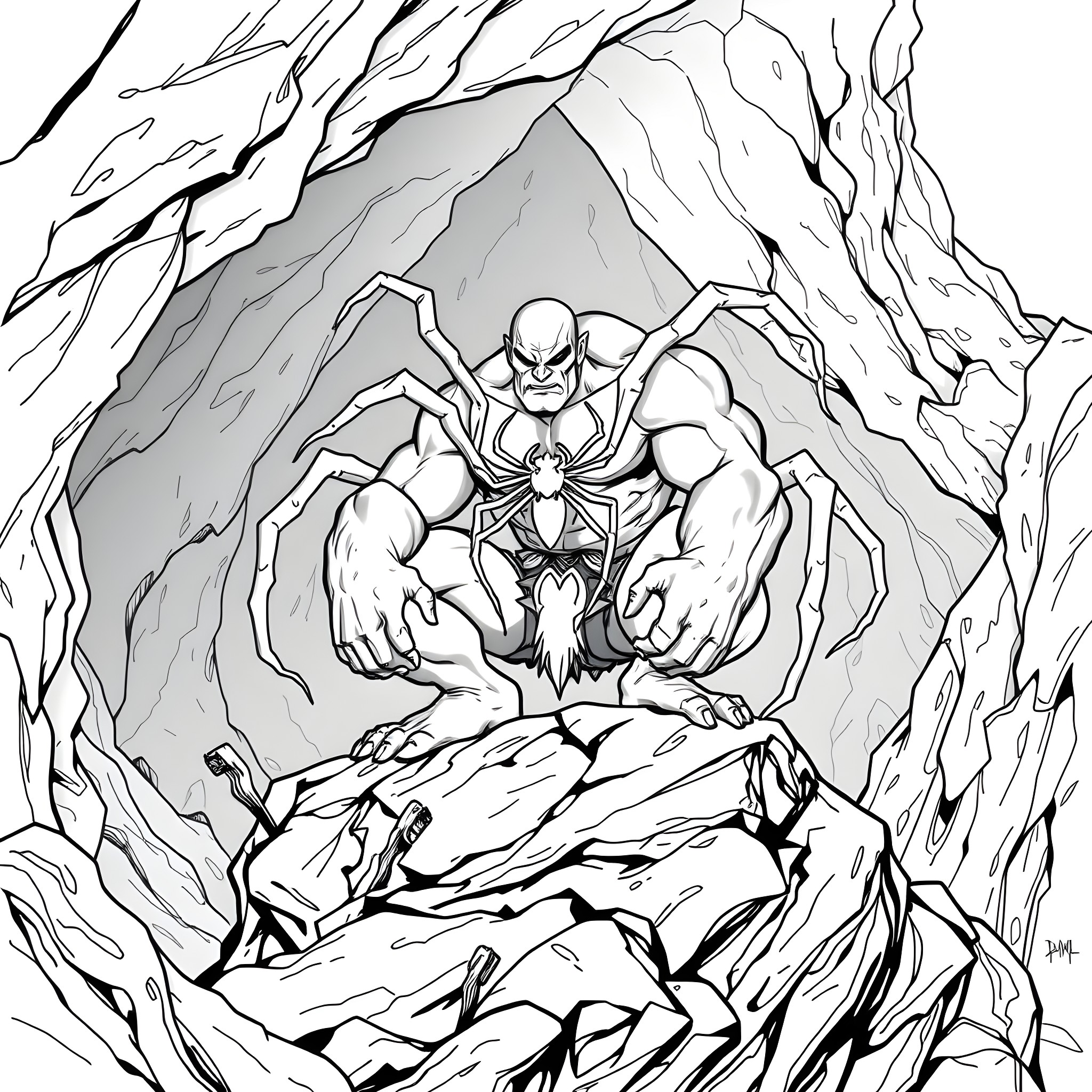 Hulk Smashing through Rocks in a Dark Cave Coloring Page (free black-and-white line drawing printable PDF for all, from beginners to advanced learners, including children, teens, adults, and seniors)