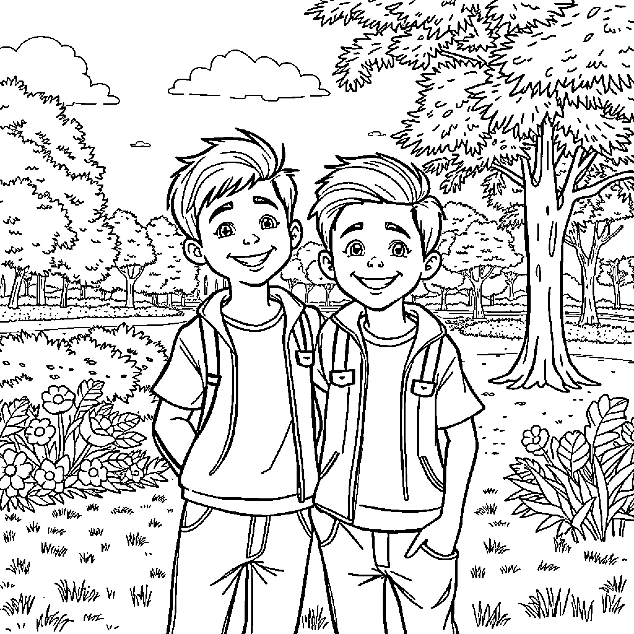 Luca and his friend enjoying a day outdoors Coloring Page (free black-and-white line drawing printable PDF for all, from beginners to advanced learners, including children, teens, adults, and seniors)