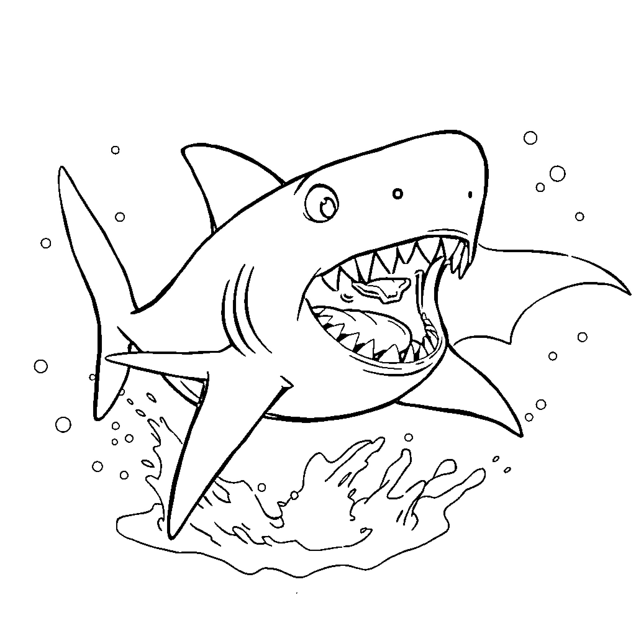 Shark with wide-open mouth in underwater scene Coloring Page (free black-and-white line drawing printable PDF for all, from beginners to advanced learners, including children, teens, adults, and seniors)