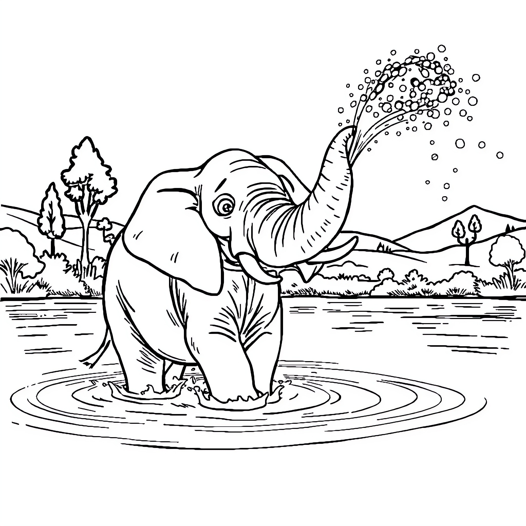 Elephant enjoying a refreshing splash in the water Coloring Page (free black-and-white line drawing printable PDF for all, from beginners to advanced learners, including children, teens, adults, and seniors)