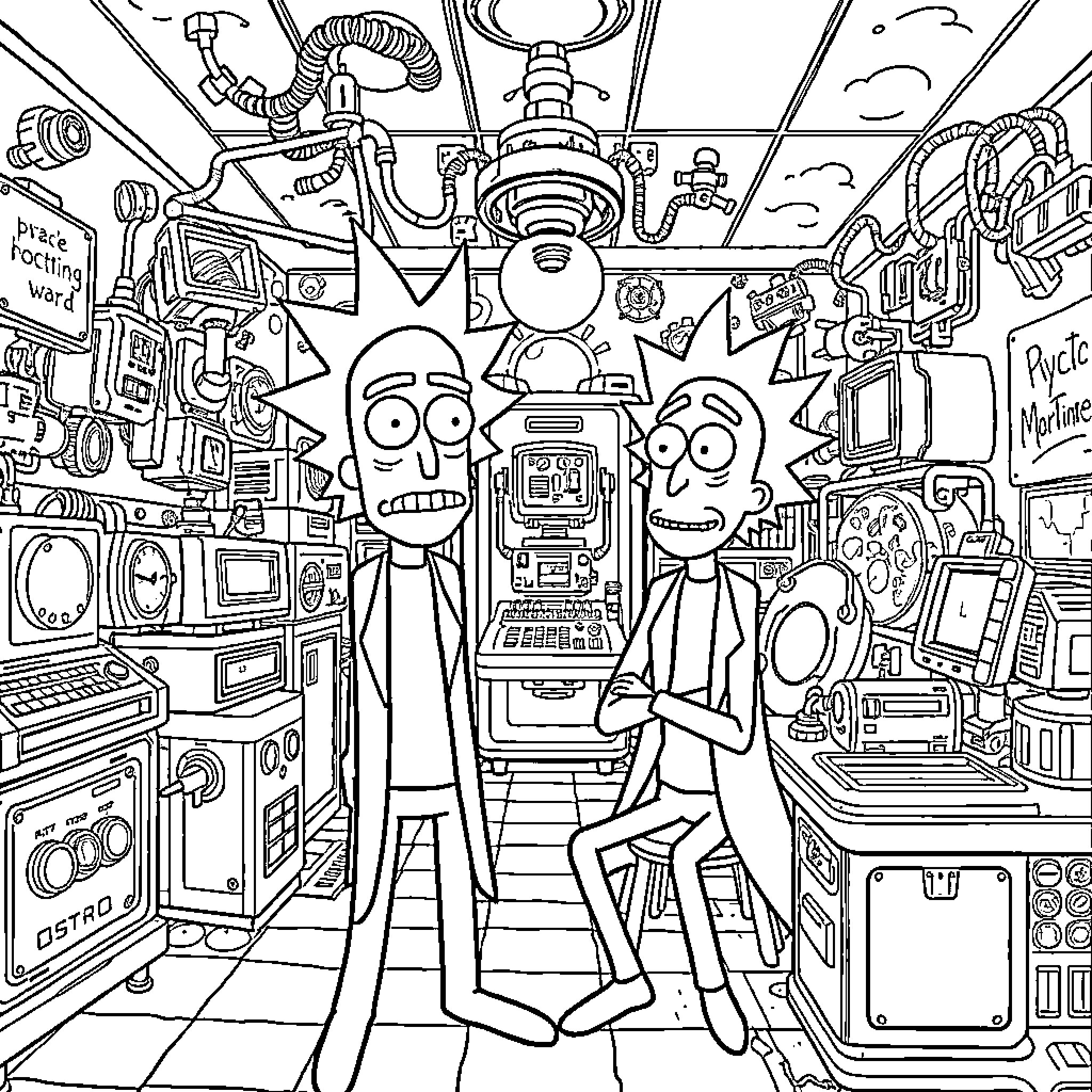 Rick's Bizarre Technological Adventures Coloring Page (free black-and-white line drawing printable PDF for all, from beginners to advanced learners, including children, teens, adults, and seniors)