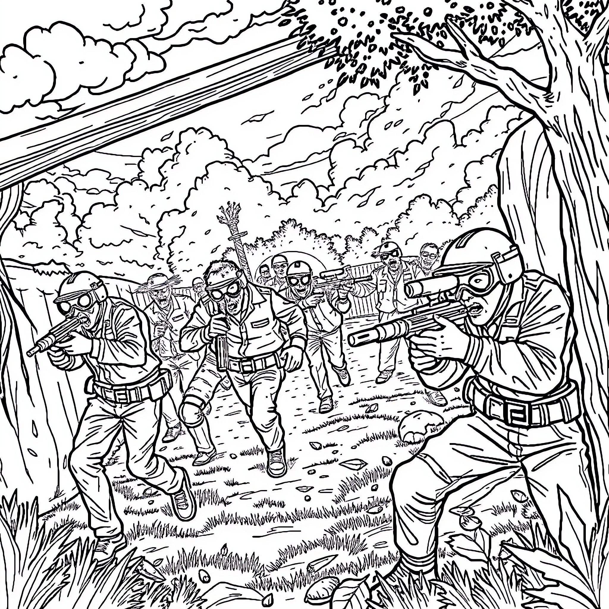 Zombie Soldiers in Intense Battle amid Chaos Coloring Page (free black-and-white line drawing printable PDF for all, from beginners to advanced learners, including children, teens, adults, and seniors)
