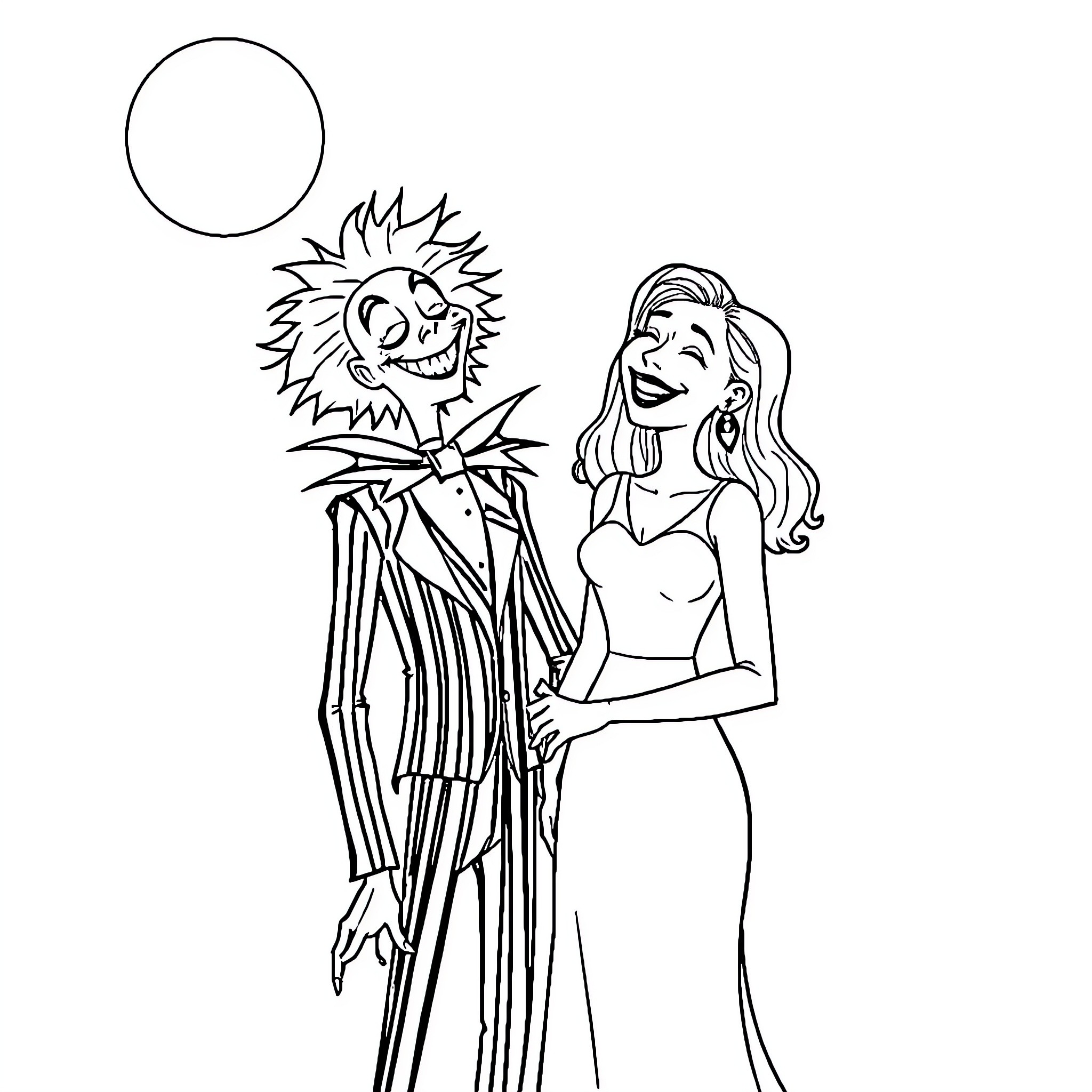 Beetlejuice and a woman in a formal gown Coloring Page (free black-and-white line drawing printable PDF for all, from beginners to advanced learners, including children, teens, adults, and seniors)