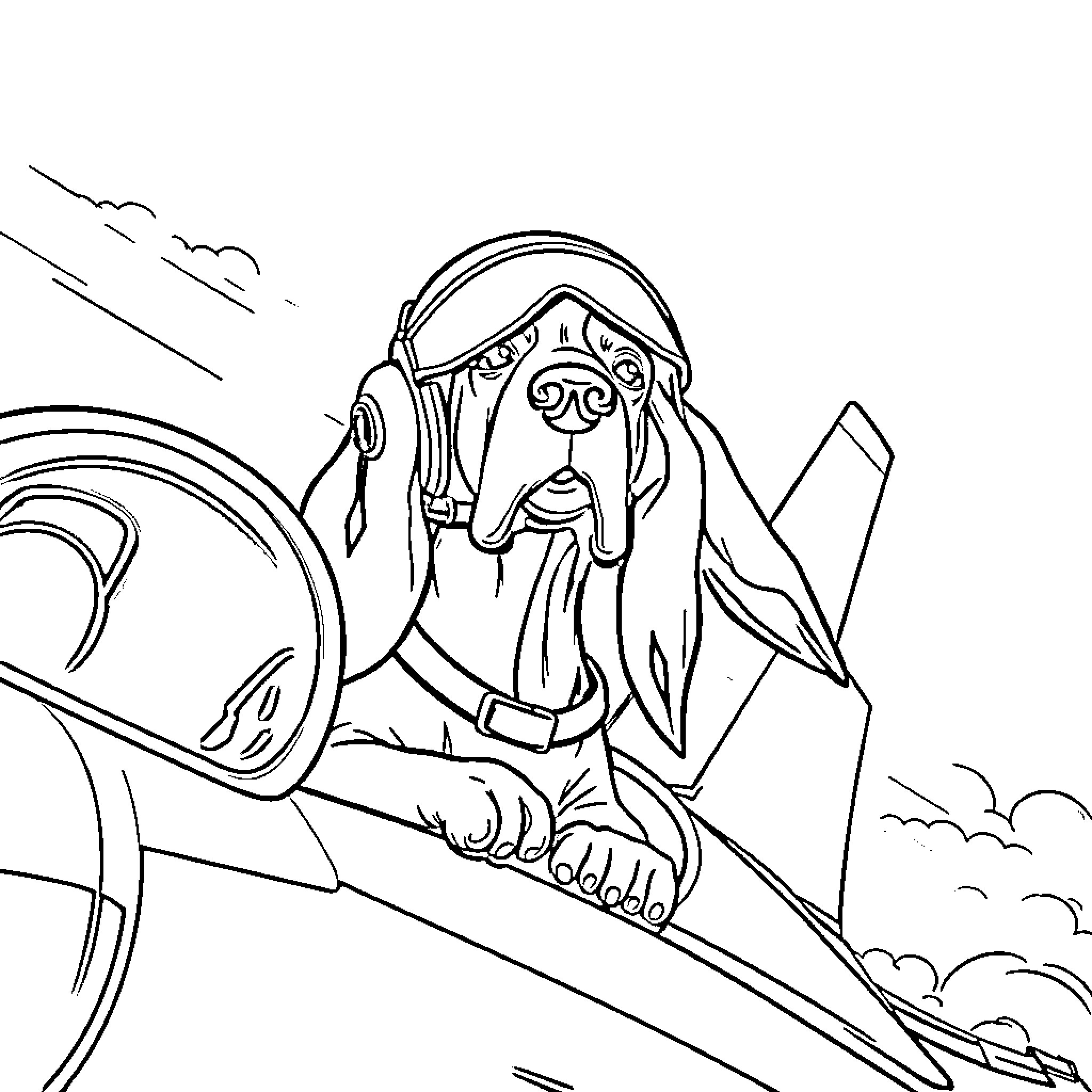 Basset Hound Pilot Soaring Through the Clouds Coloring Page (free black-and-white line drawing printable PDF for all, from beginners to advanced learners, including children, teens, adults, and seniors)