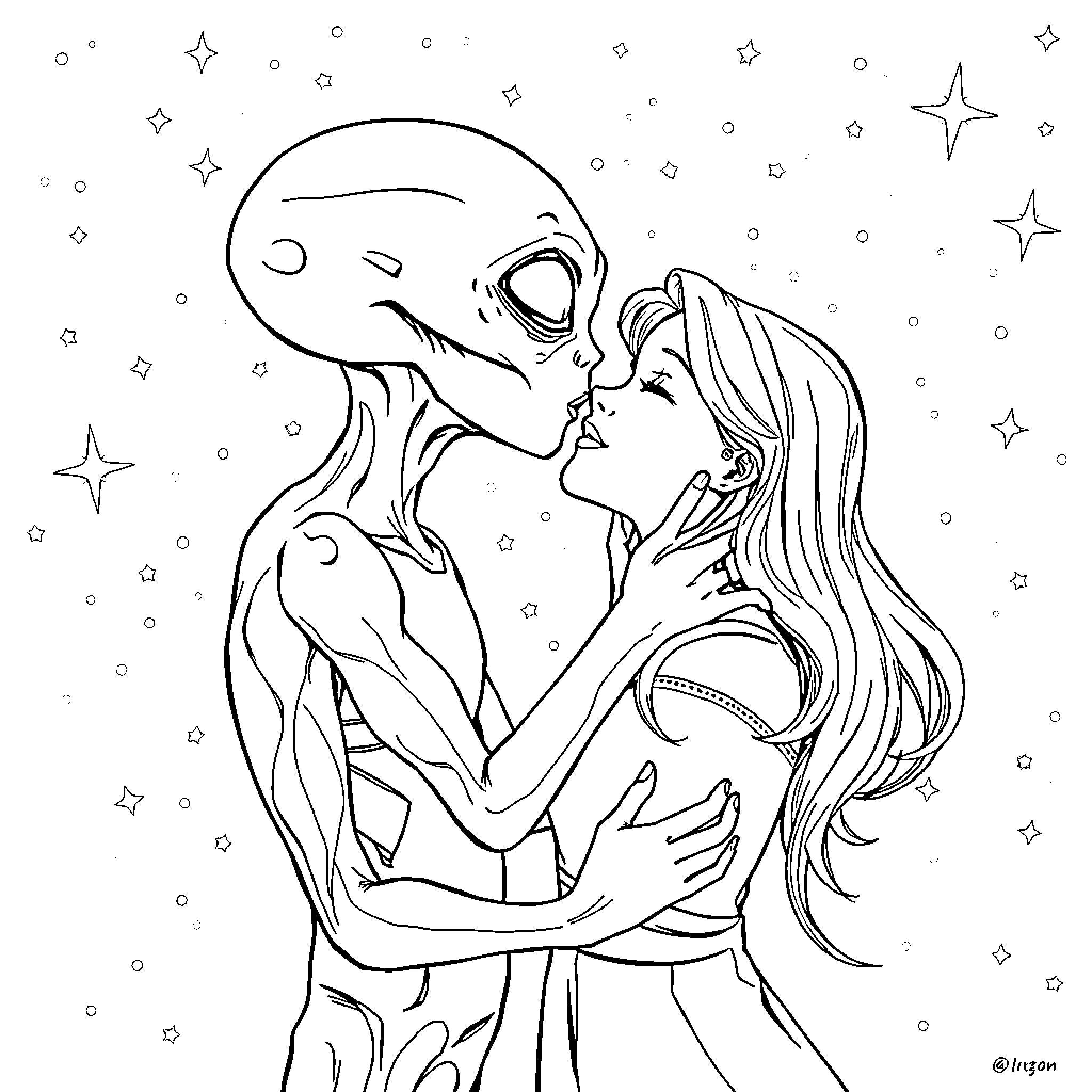 Alien lovers kissing in the starry night Coloring Page (free black-and-white line drawing printable PDF for all, from beginners to advanced learners, including children, teens, adults, and seniors)