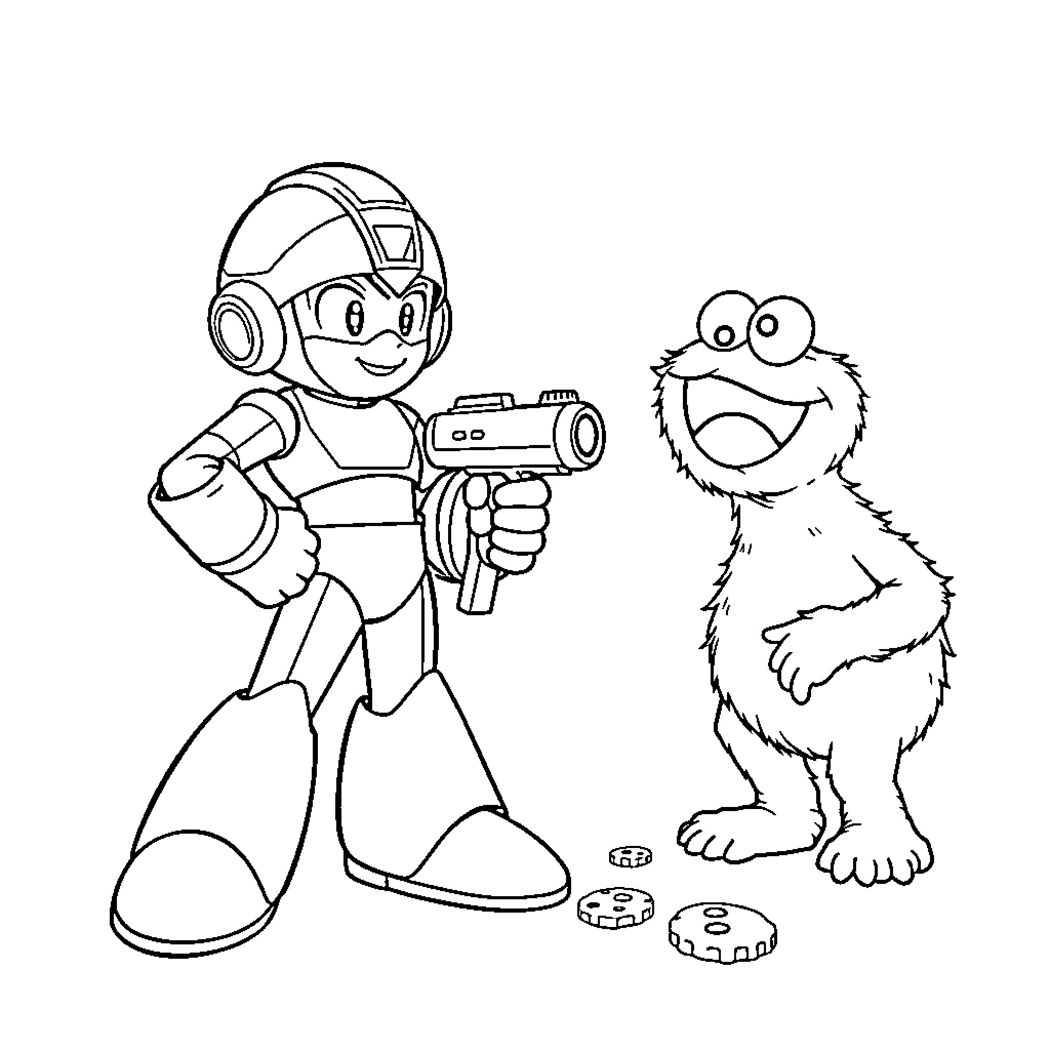 Megaman and Cookie Monster having a friendly encounter Coloring Page (free black-and-white line drawing printable PDF for all, from beginners to advanced learners, including children, teens, adults, and seniors)