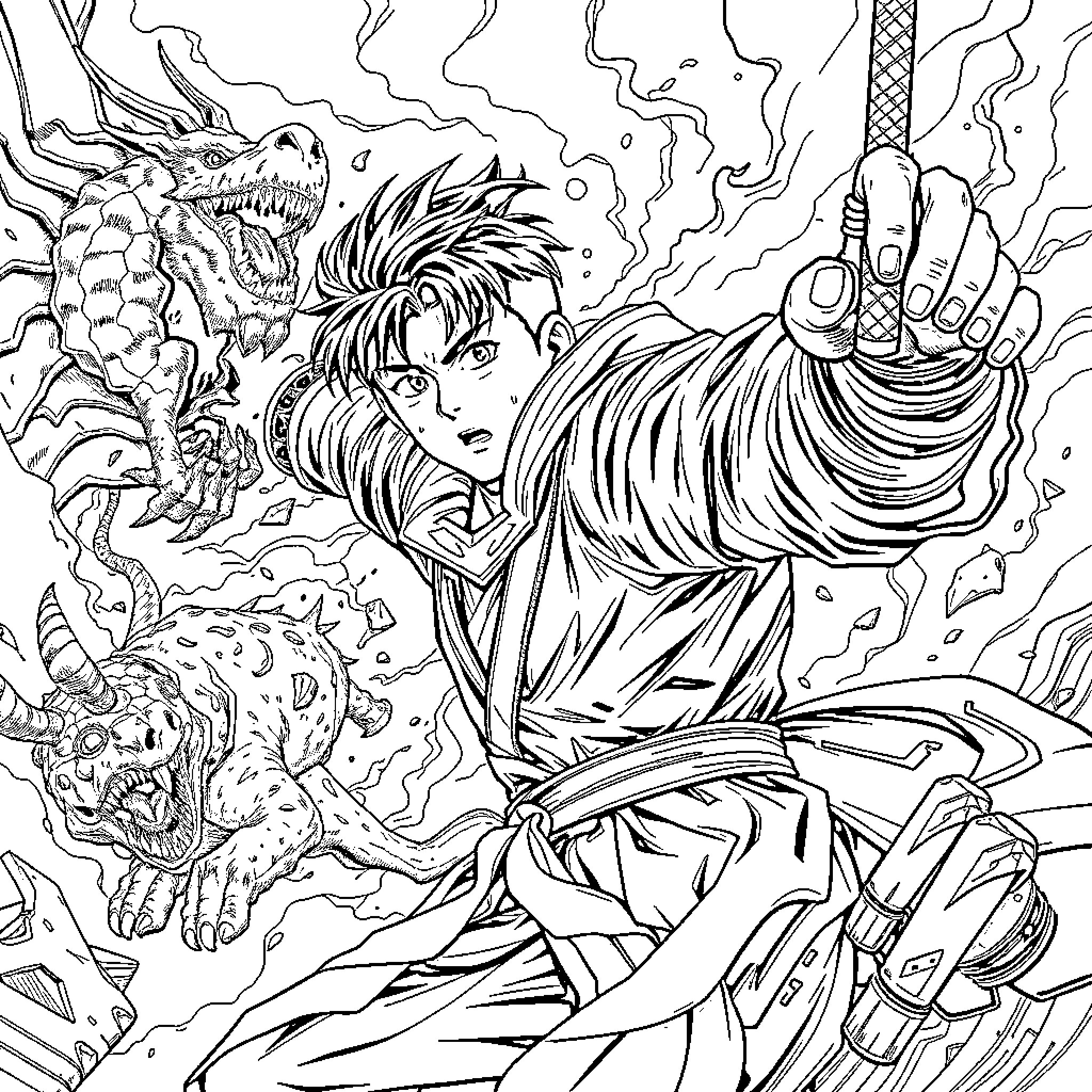 Solo Leveling: Heroic Clash with a Ferocious Monster Coloring Page (free black-and-white line drawing printable PDF for all, from beginners to advanced learners, including children, teens, adults, and seniors)
