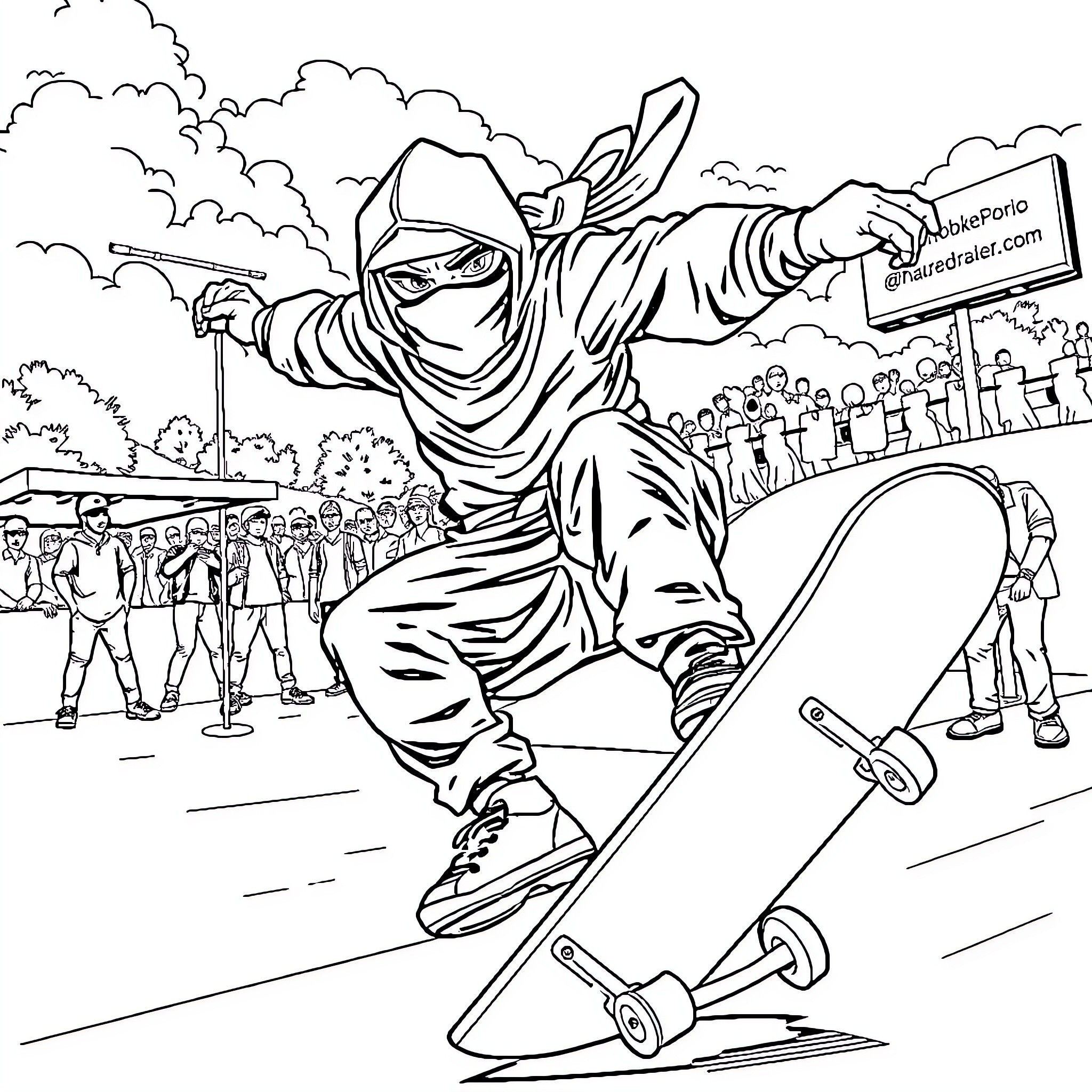 Ninja skateboarder performs tricks in public area Coloring Page (free black-and-white line drawing printable PDF for all, from beginners to advanced learners, including children, teens, adults, and seniors)