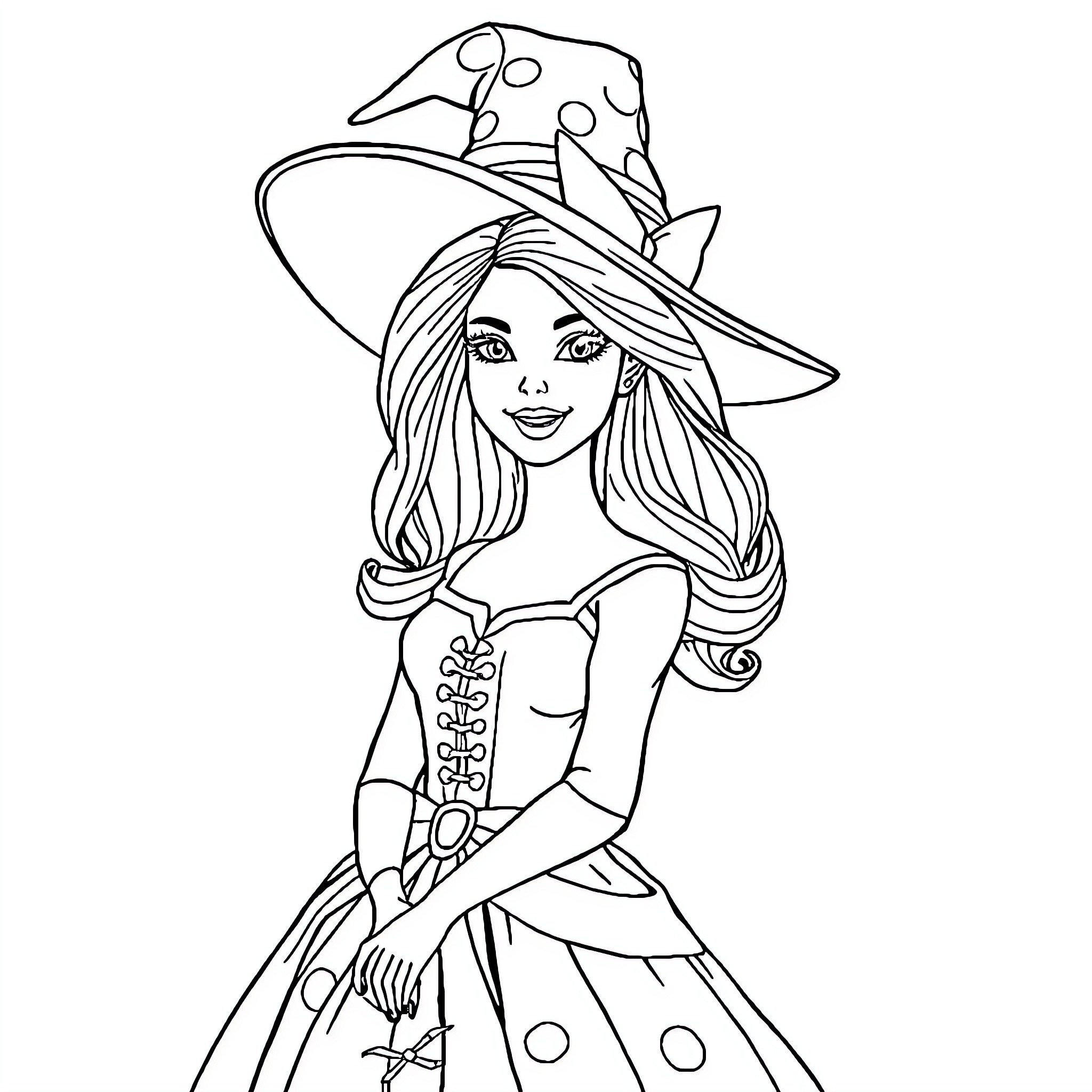 Barbie in Witch Costume Smiling Happily Coloring Page (free black-and-white line drawing printable PDF for all, from beginners to advanced learners, including children, teens, adults, and seniors)