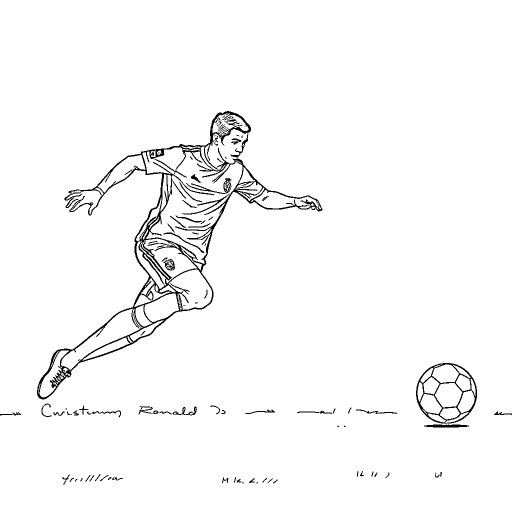 Cristiano Ronaldo in action on the field Coloring Page (free black-and-white line drawing printable PDF for all, from beginners to advanced learners, including children, teens, adults, and seniors)