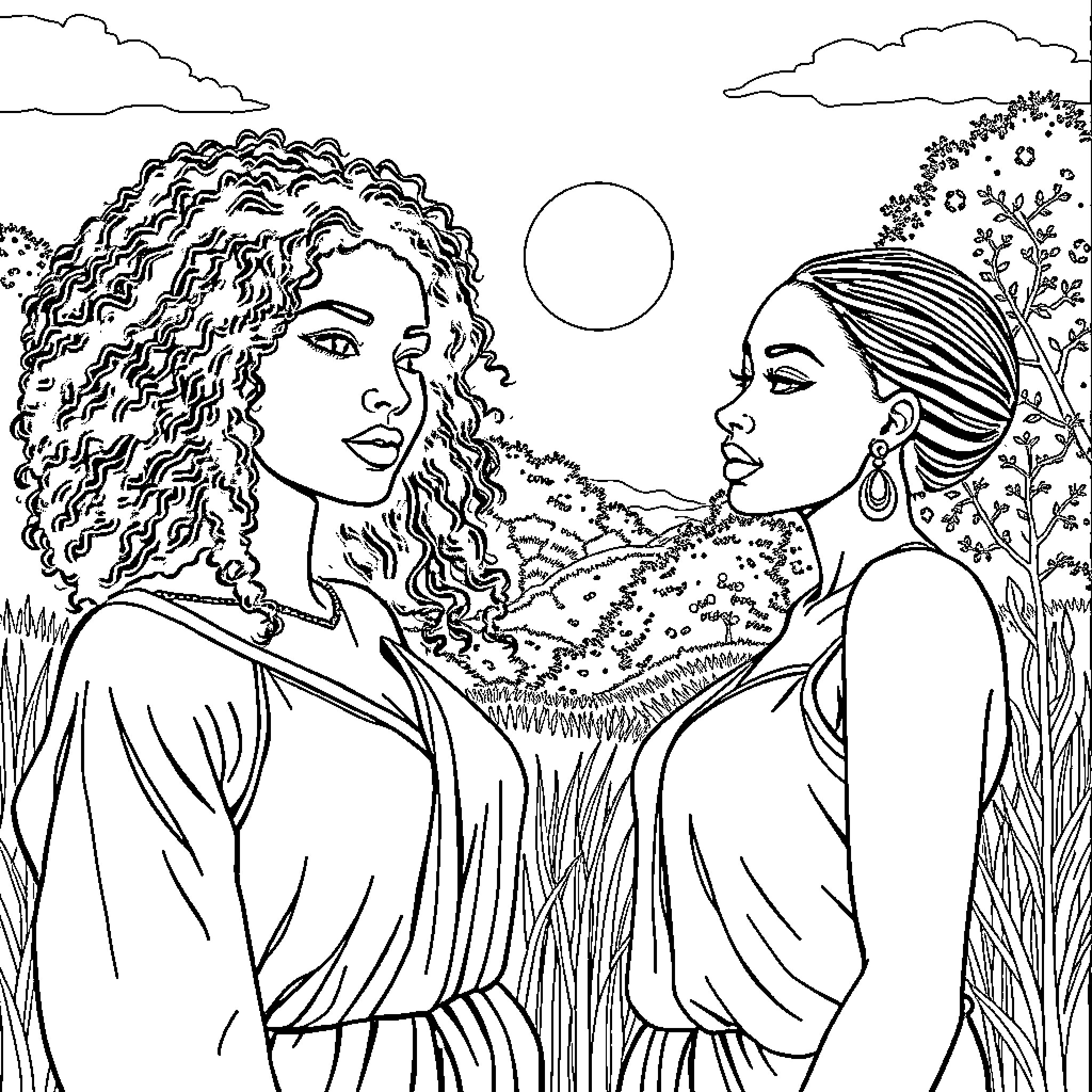 Women sharing a moment in nature Coloring Page (free black-and-white line drawing printable PDF for all, from beginners to advanced learners, including children, teens, adults, and seniors)