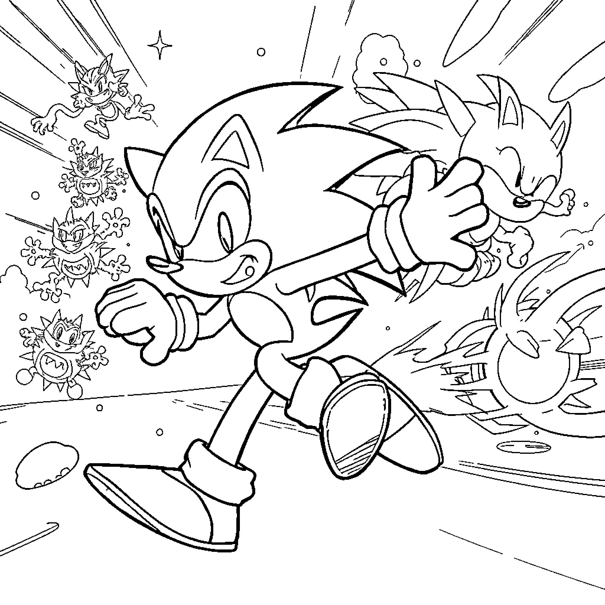 Sonic running through a fantastical landscape Coloring Page (free black-and-white line drawing printable PDF for all, from beginners to advanced learners, including children, teens, adults, and seniors)