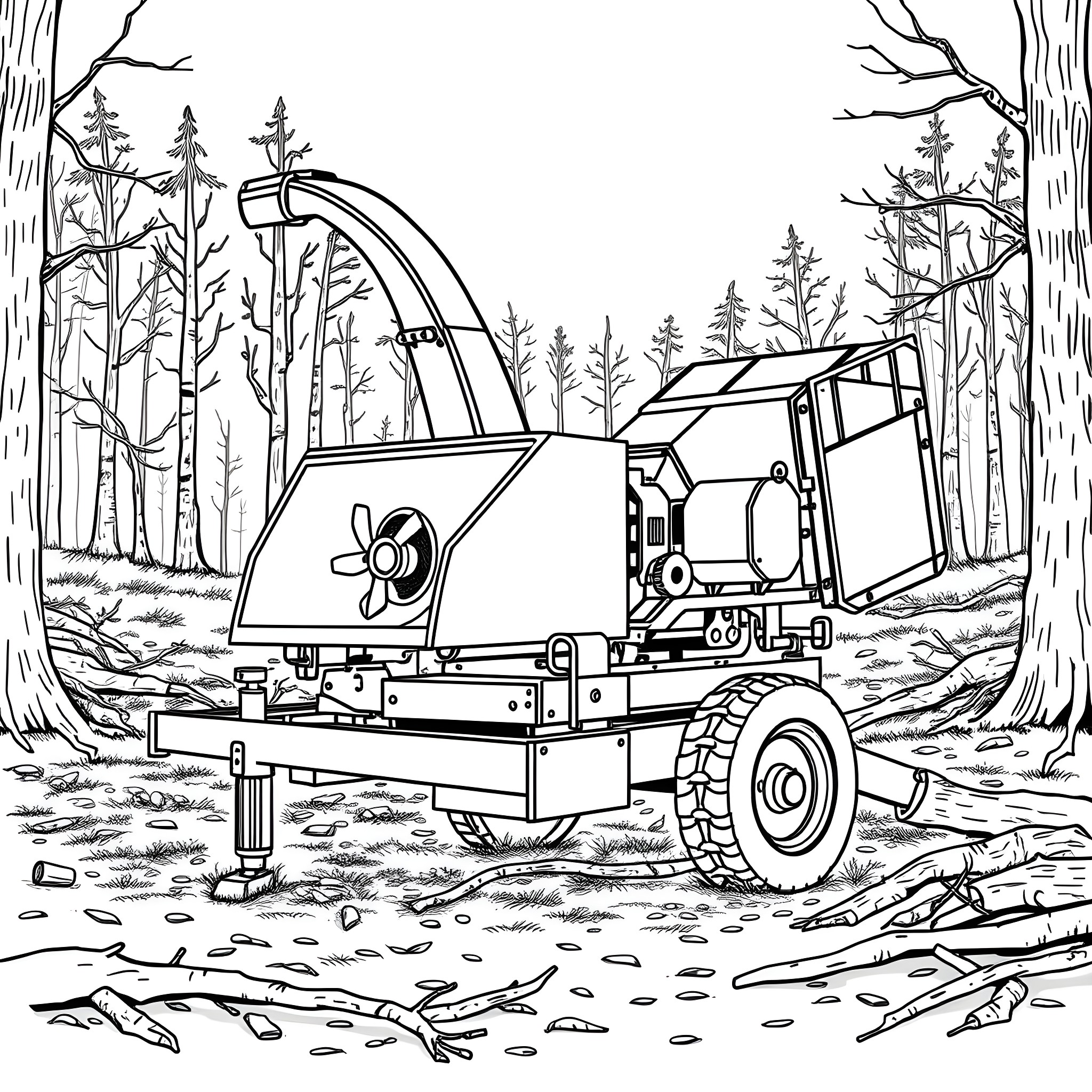 Wood Chipper Shredding Fallen Branches in the Forest Coloring Page (free black-and-white line drawing printable PDF for all, from beginners to advanced learners, including children, teens, adults, and seniors)