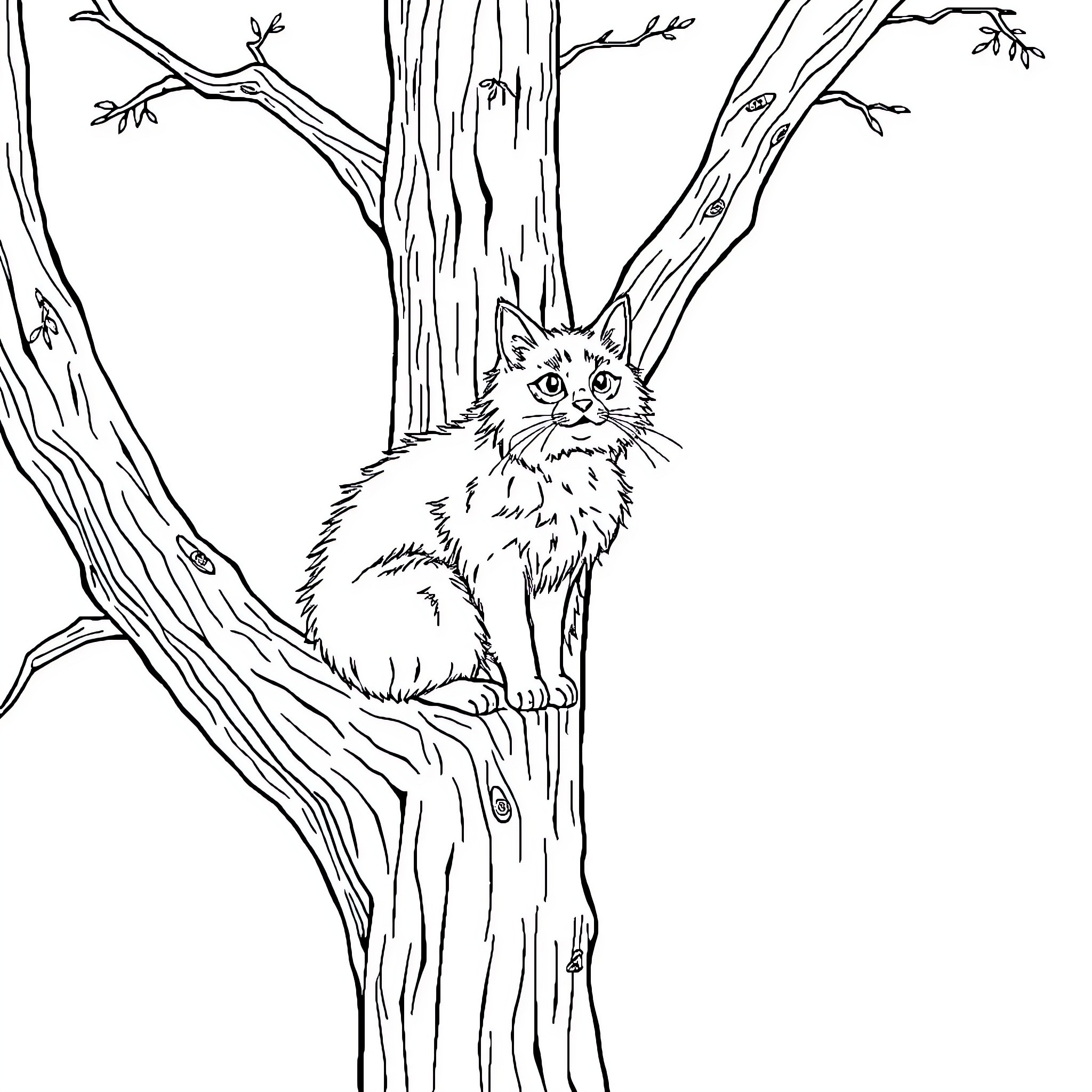 Cat sitting on tree branch in forest Coloring Page (free black-and-white line drawing printable PDF for all, from beginners to advanced learners, including children, teens, adults, and seniors)