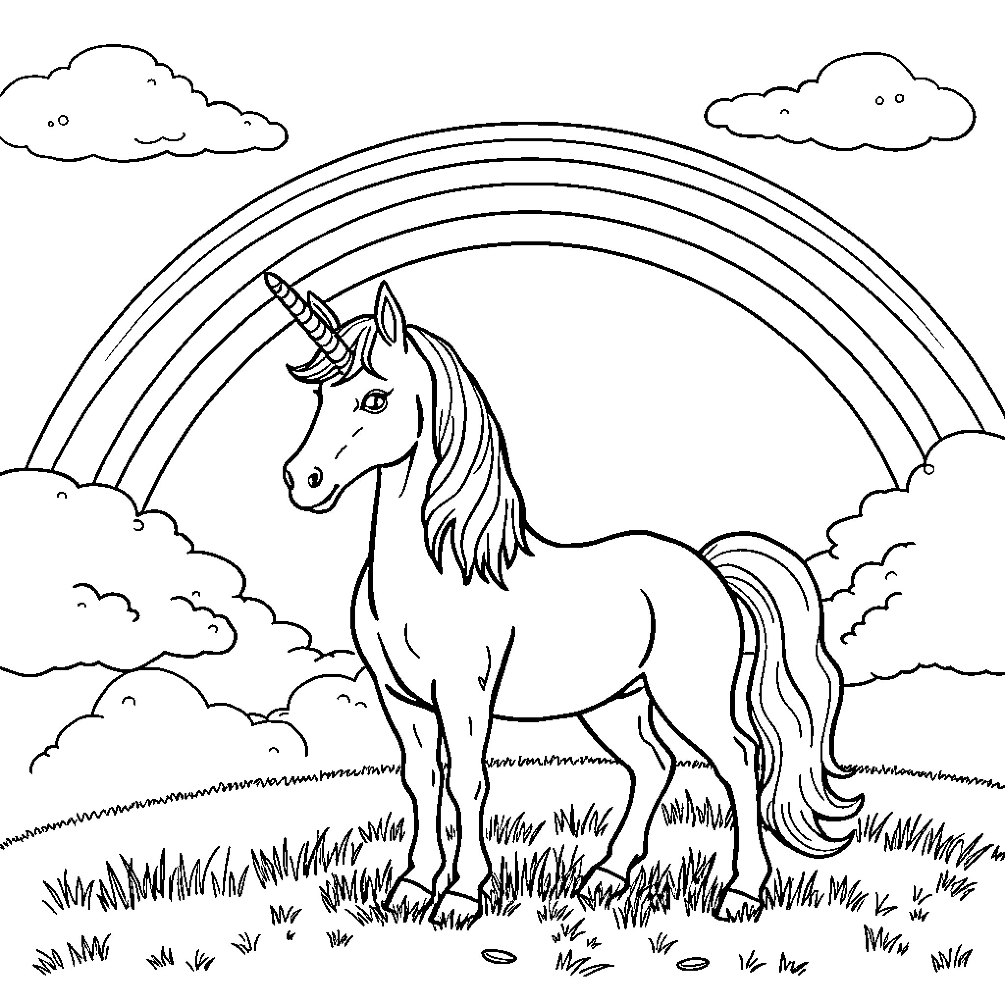 Unicorn standing beneath a vibrant rainbow Coloring Page (free black-and-white line drawing printable PDF for all, from beginners to advanced learners, including children, teens, adults, and seniors)