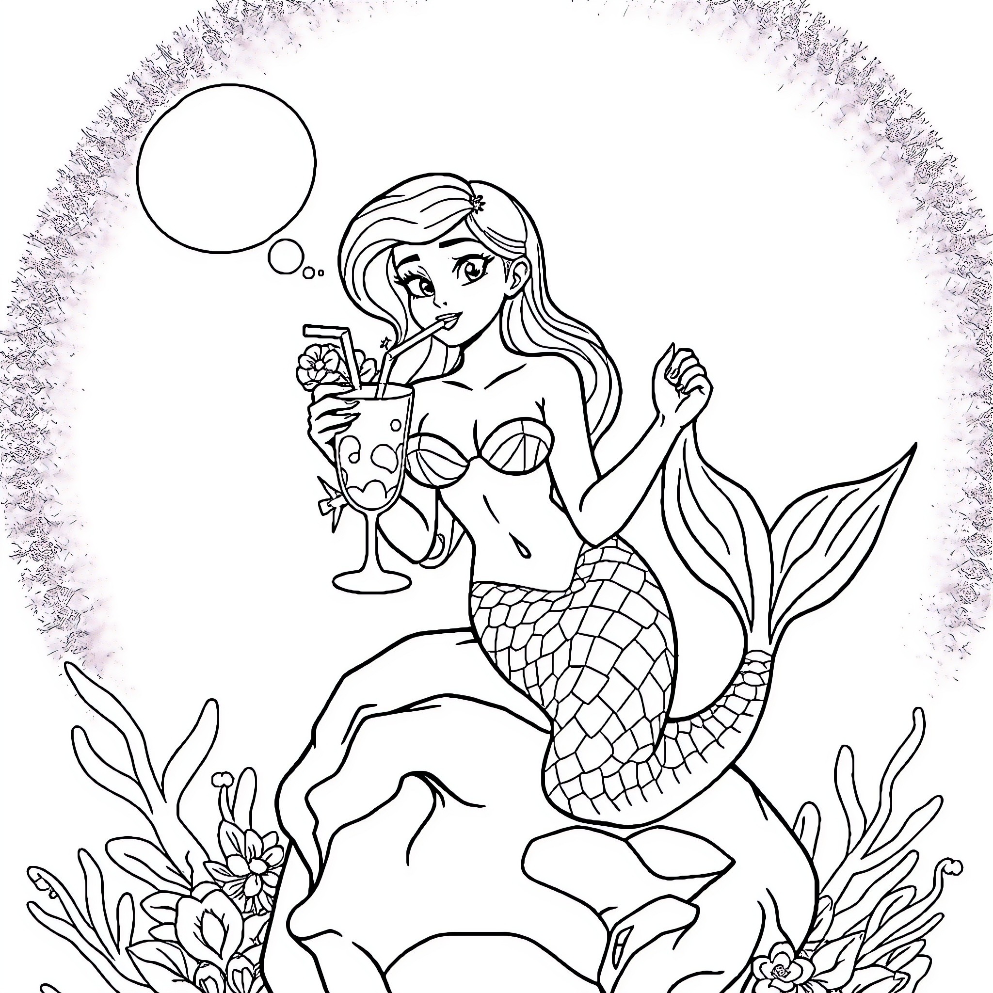 Mermaid enjoying a drink by the sea Coloring Page (free black-and-white line drawing printable PDF for all, from beginners to advanced learners, including children, teens, adults, and seniors)