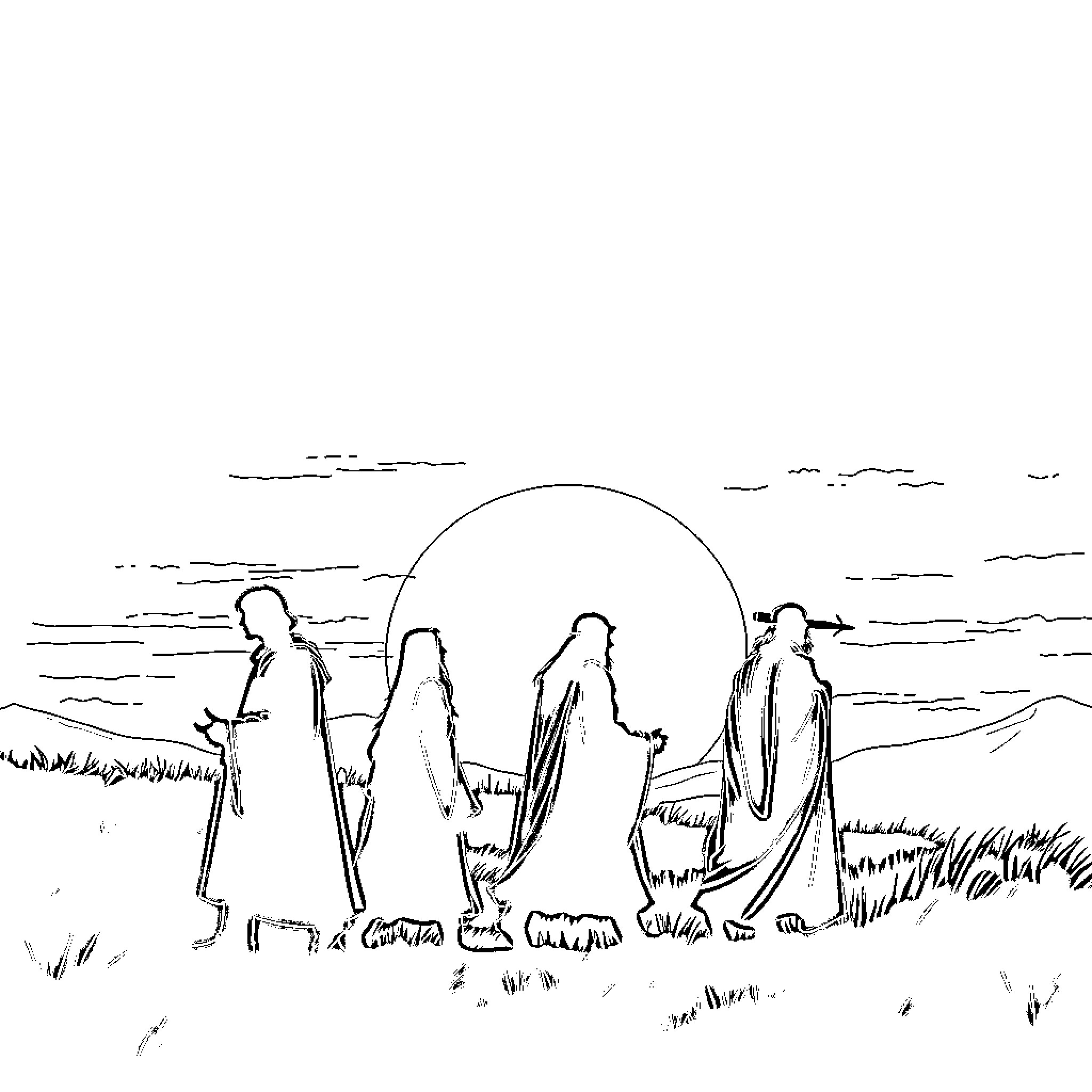 Fellowship of travelers in the wilderness Coloring Page (free black-and-white line drawing printable PDF for all, from beginners to advanced learners, including children, teens, adults, and seniors)