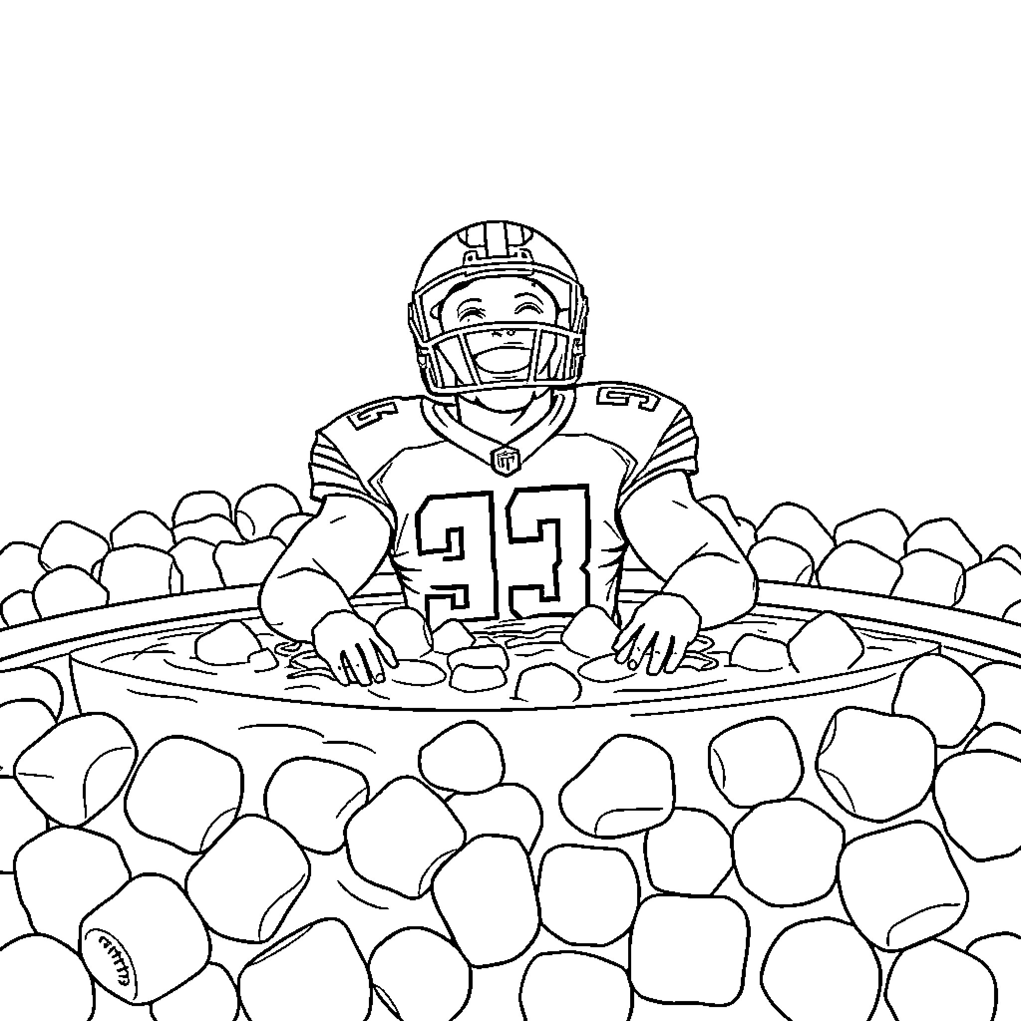 NFL Player Celebrating Victory on the Field Coloring Page (free black-and-white line drawing printable PDF for all, from beginners to advanced learners, including children, teens, adults, and seniors)