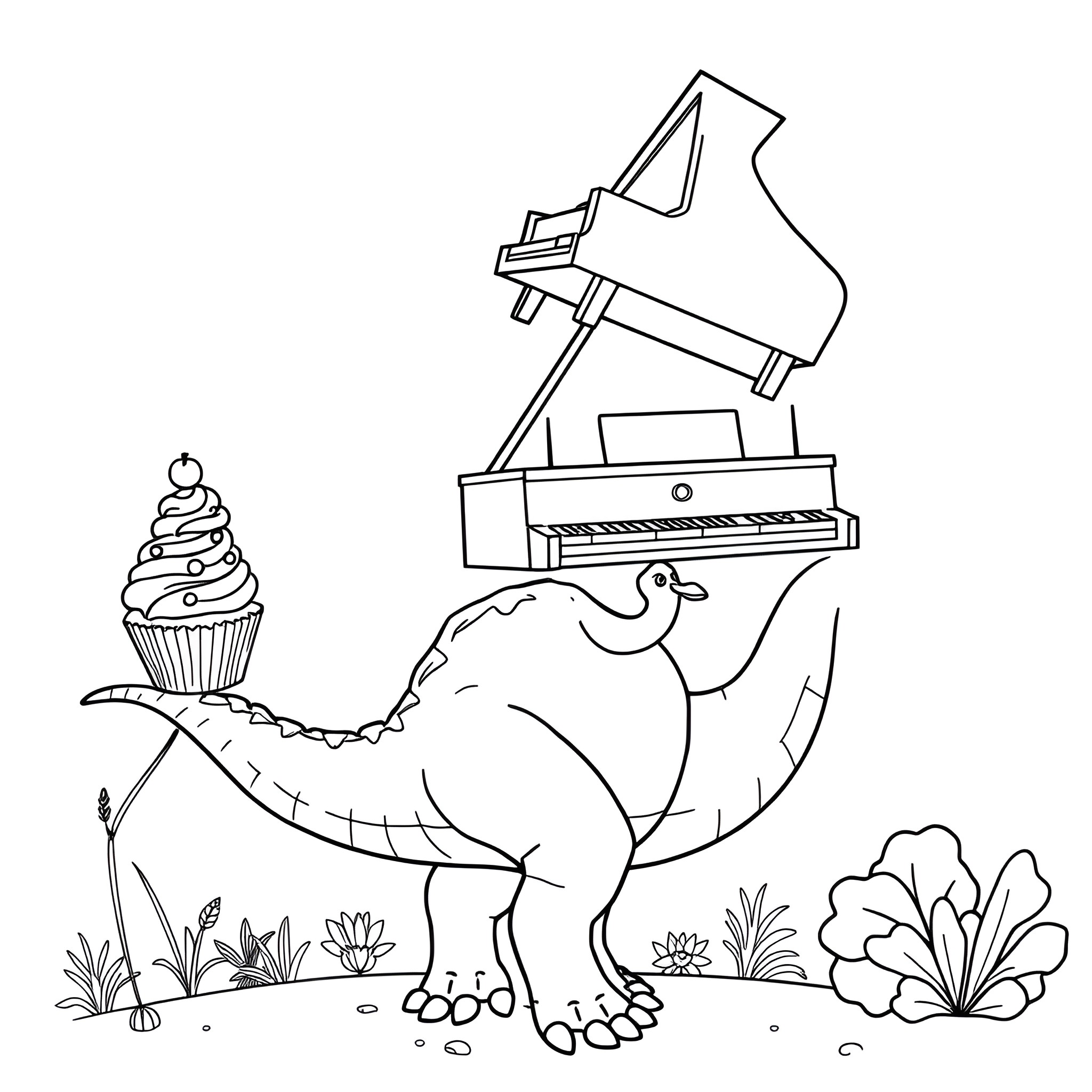 Dinosaur playing piano and enjoying a cupcake Coloring Page (free black-and-white line drawing printable PDF for all, from beginners to advanced learners, including children, teens, adults, and seniors)