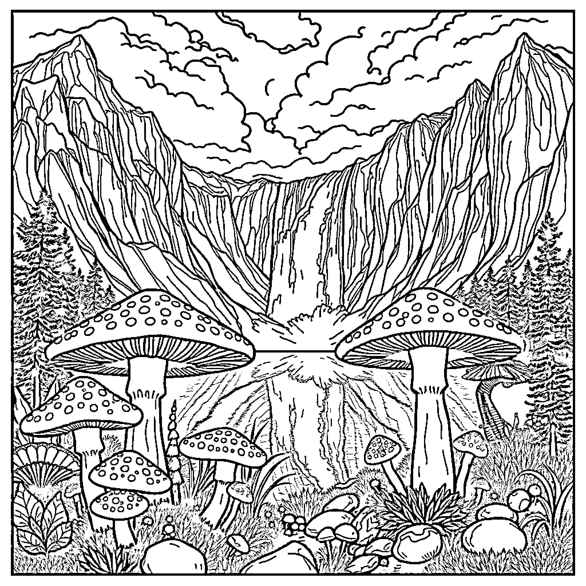 Mushroom growth in a magical forest landscape Coloring Page (free black-and-white line drawing printable PDF for all, from beginners to advanced learners, including children, teens, adults, and seniors)