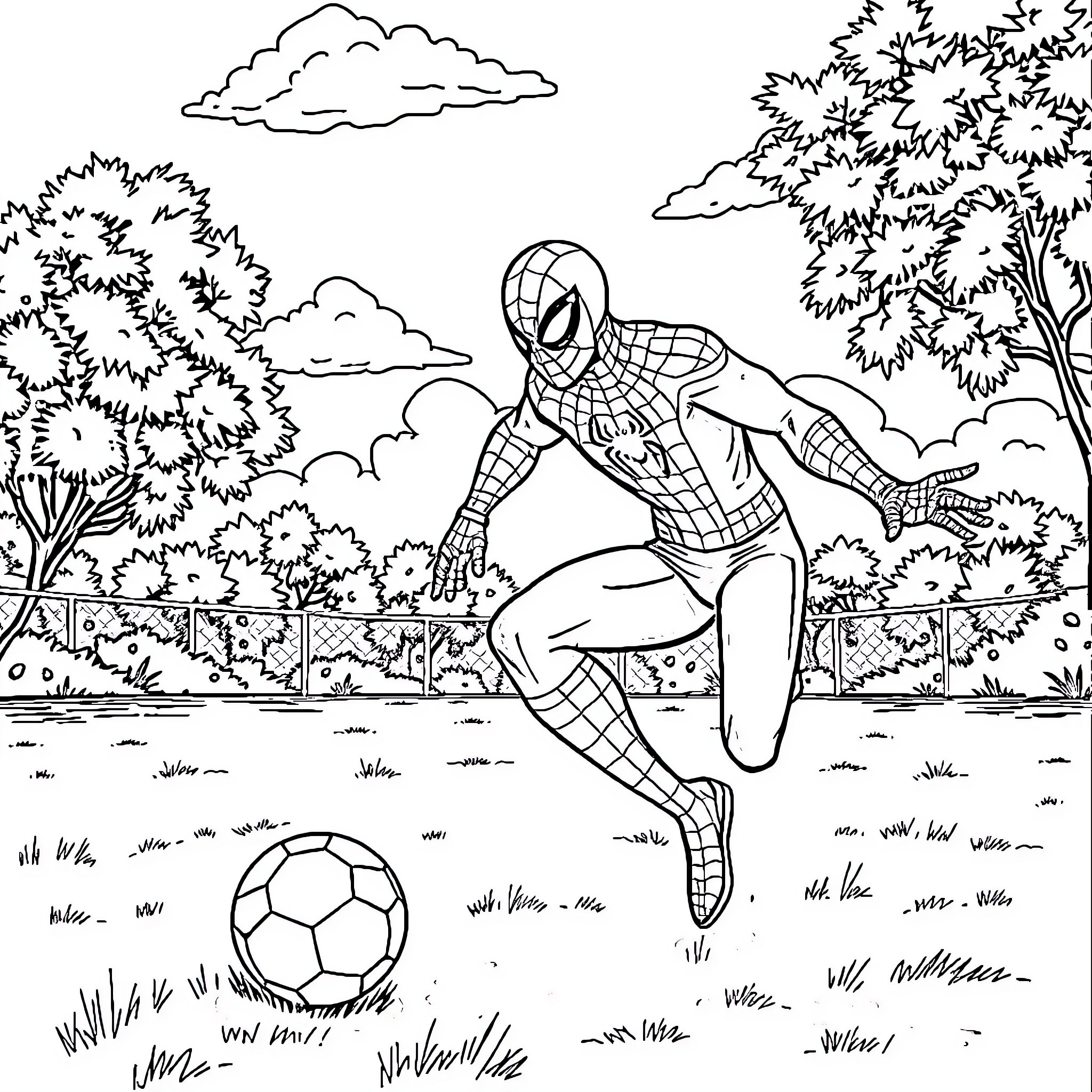 Spiderman playing soccer in the park Coloring Page (free black-and-white line drawing printable PDF for all, from beginners to advanced learners, including children, teens, adults, and seniors)