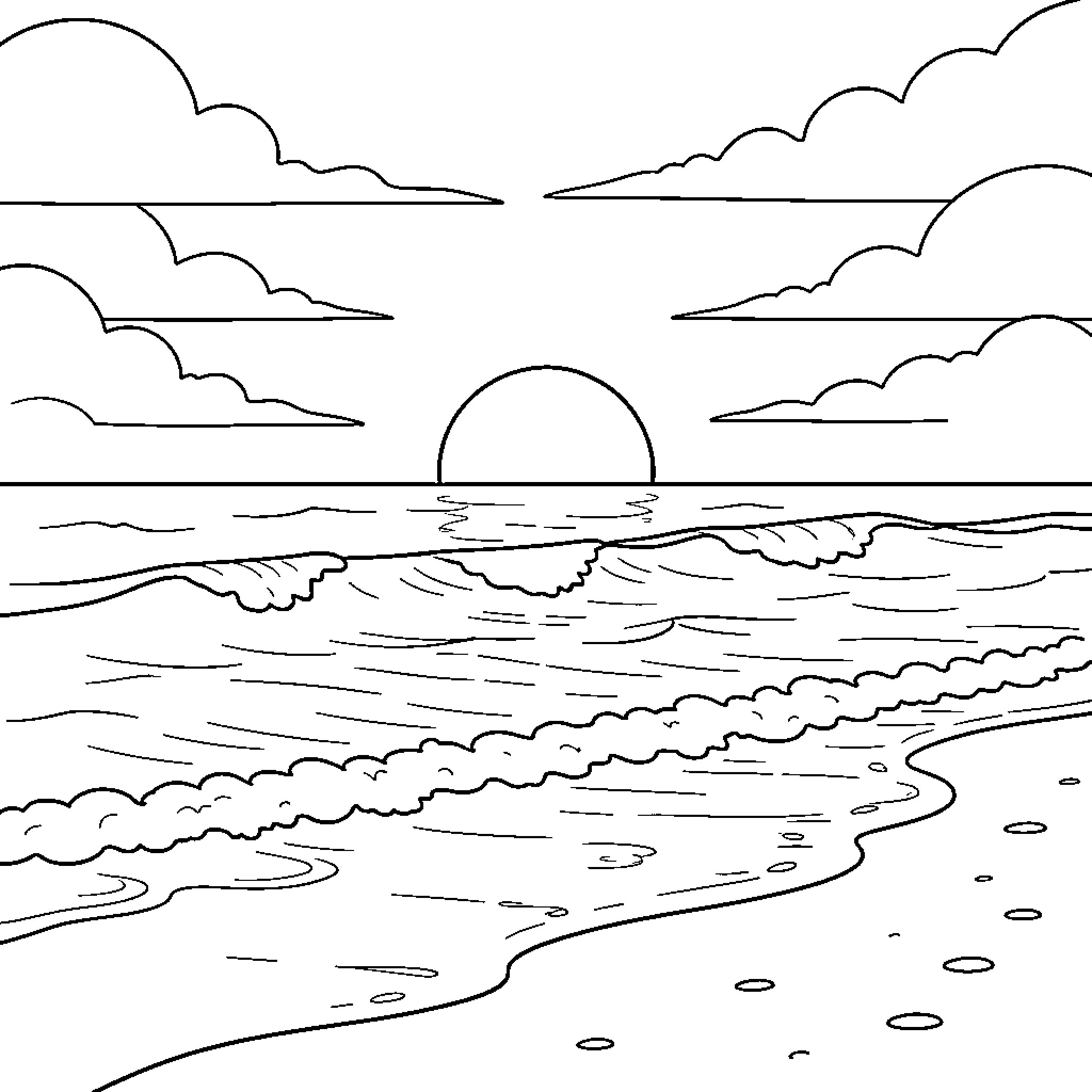 Sunset over the serene ocean waves Coloring Page (free black-and-white line drawing printable PDF for all, from beginners to advanced learners, including children, teens, adults, and seniors)