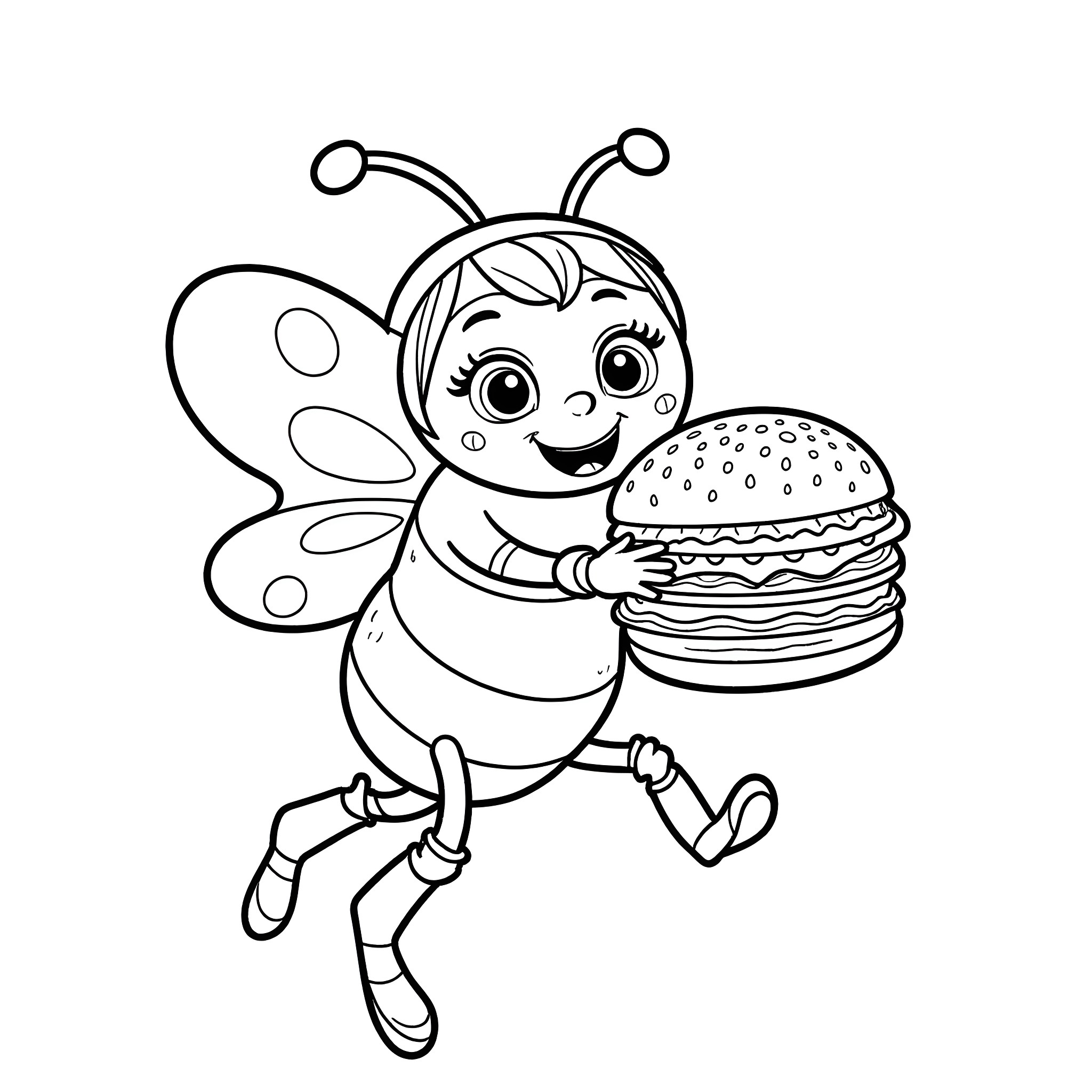 Biene Maja enjoys a tasty hamburger Coloring Page (free black-and-white line drawing printable PDF for all, from beginners to advanced learners, including children, teens, adults, and seniors)