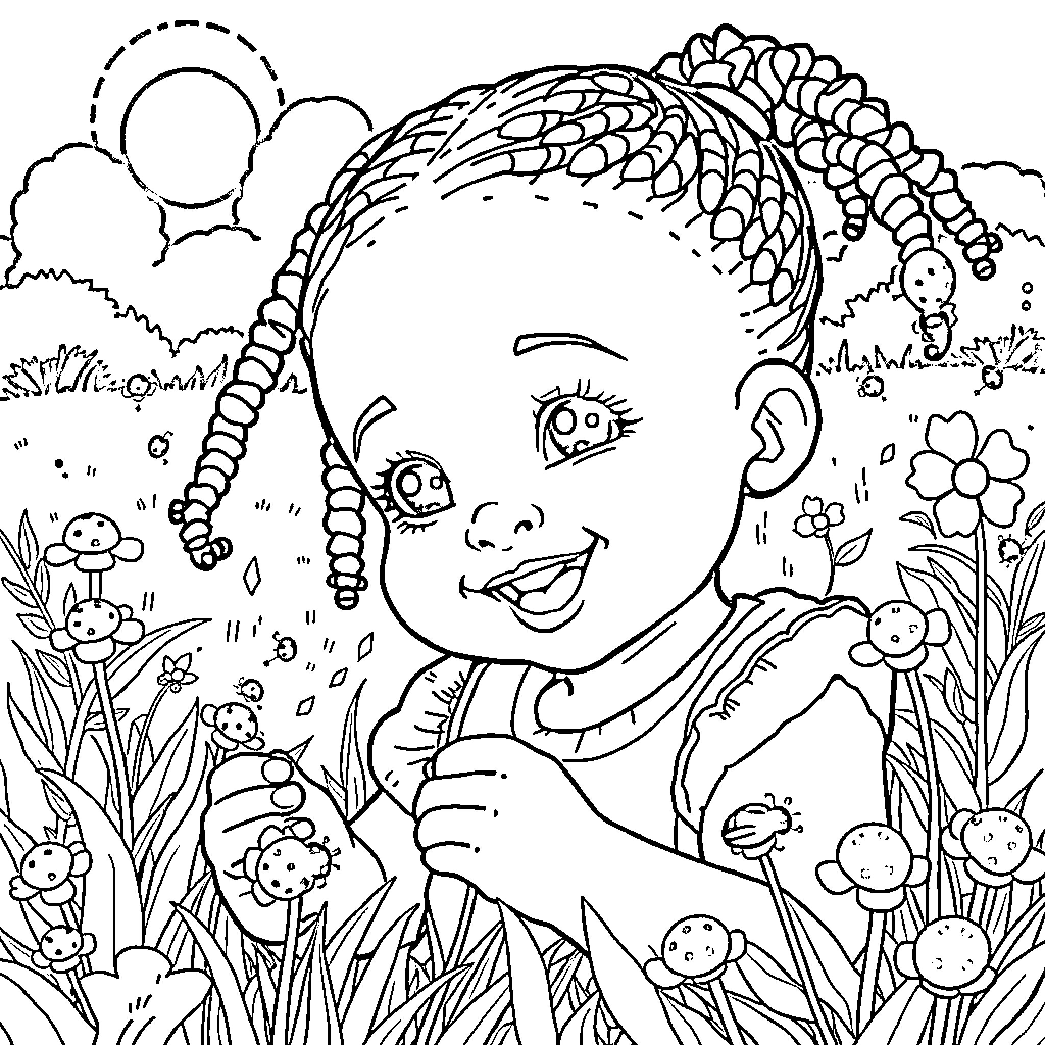 Girl playing joyfully in a floral garden Coloring Page (free black-and-white line drawing printable PDF for all, from beginners to advanced learners, including children, teens, adults, and seniors)
