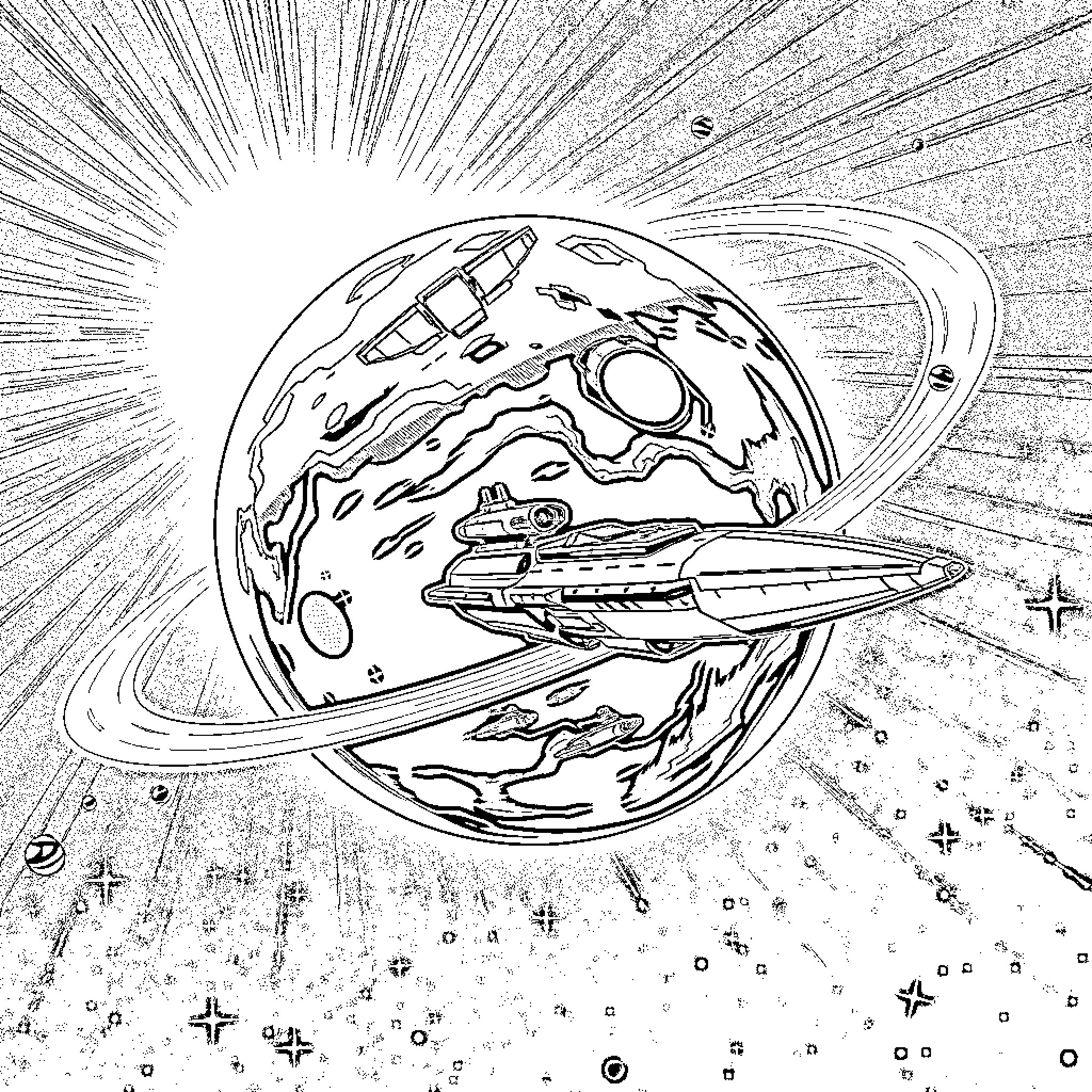 Planet of spacecraft and cosmic rays Coloring Page (free black-and-white line drawing printable PDF for all, from beginners to advanced learners, including children, teens, adults, and seniors)