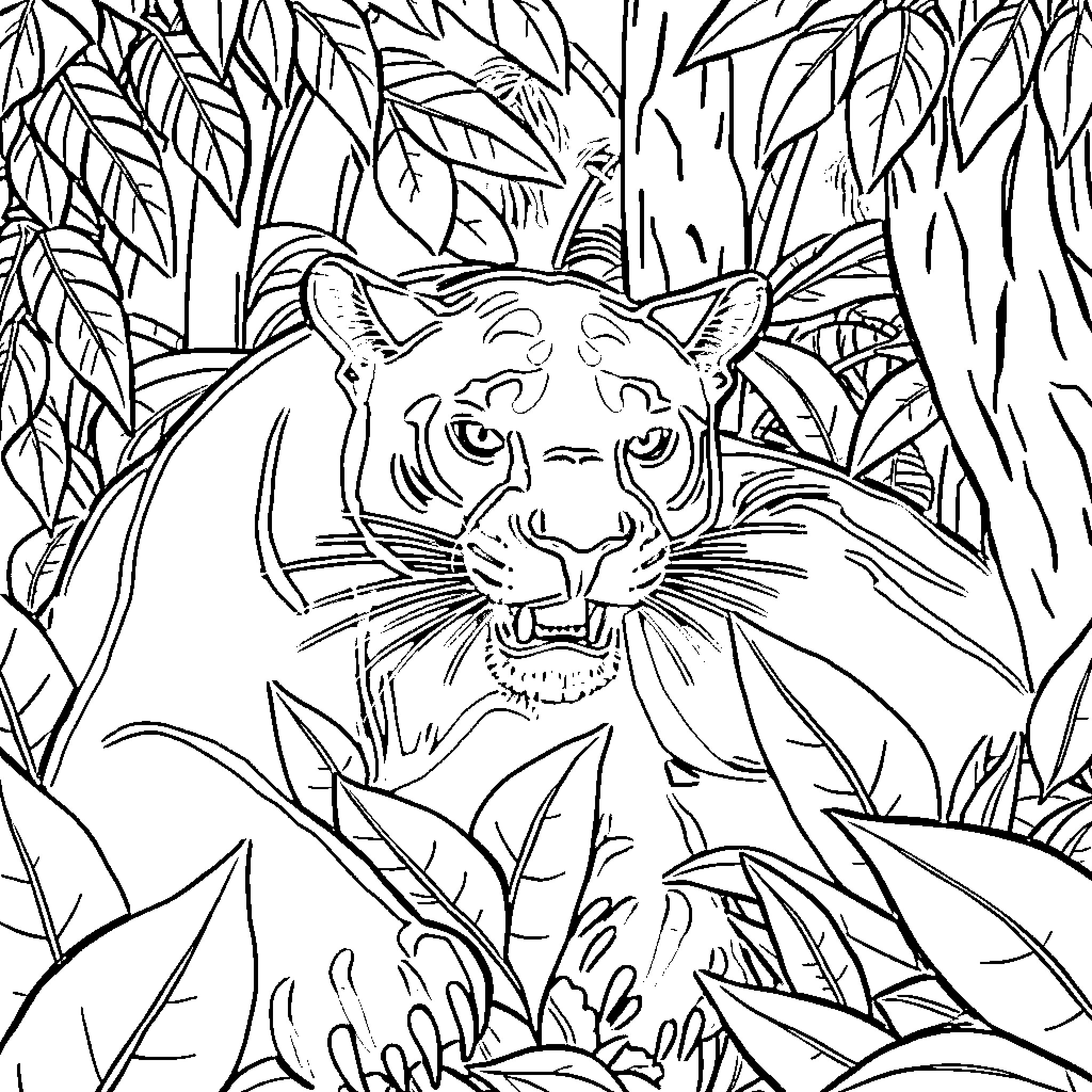 Panther Prowling through Lush Jungle Foliage Coloring Page (free black-and-white line drawing printable PDF for all, from beginners to advanced learners, including children, teens, adults, and seniors)
