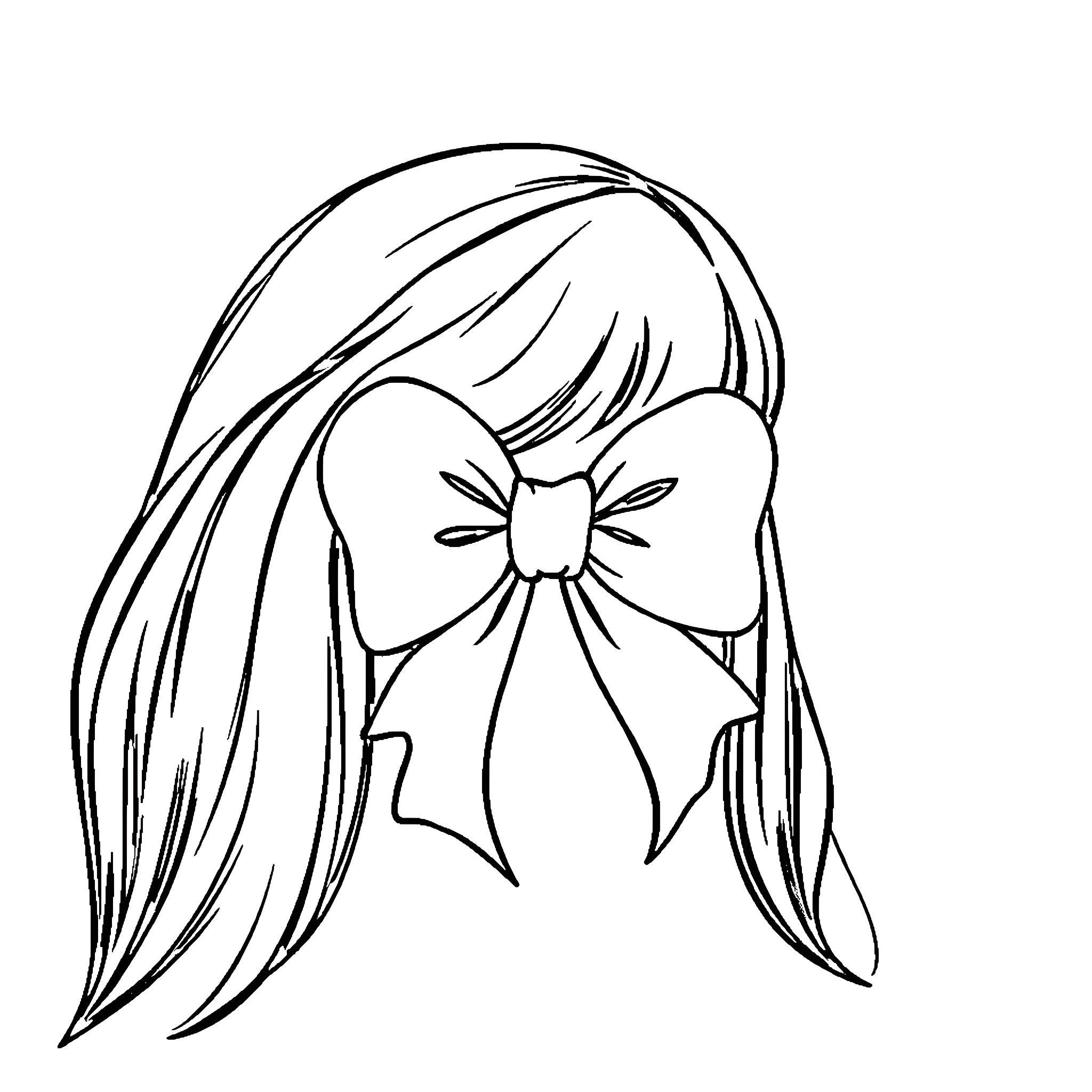Bow adorned girl with flowing hair Coloring Page (free black-and-white line drawing printable PDF for all, from beginners to advanced learners, including children, teens, adults, and seniors)