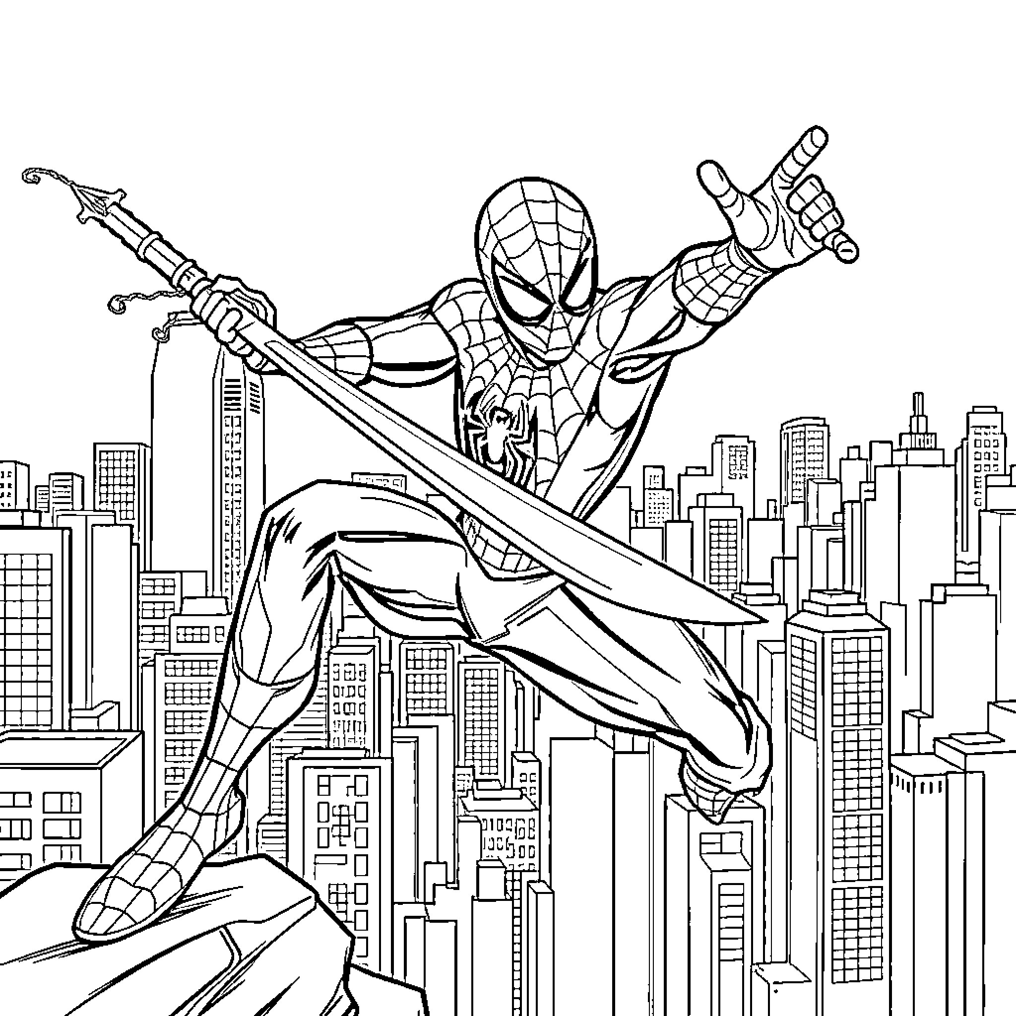 Spiderman heroically swinging over cityscape Coloring Page (free black-and-white line drawing printable PDF for all, from beginners to advanced learners, including children, teens, adults, and seniors)