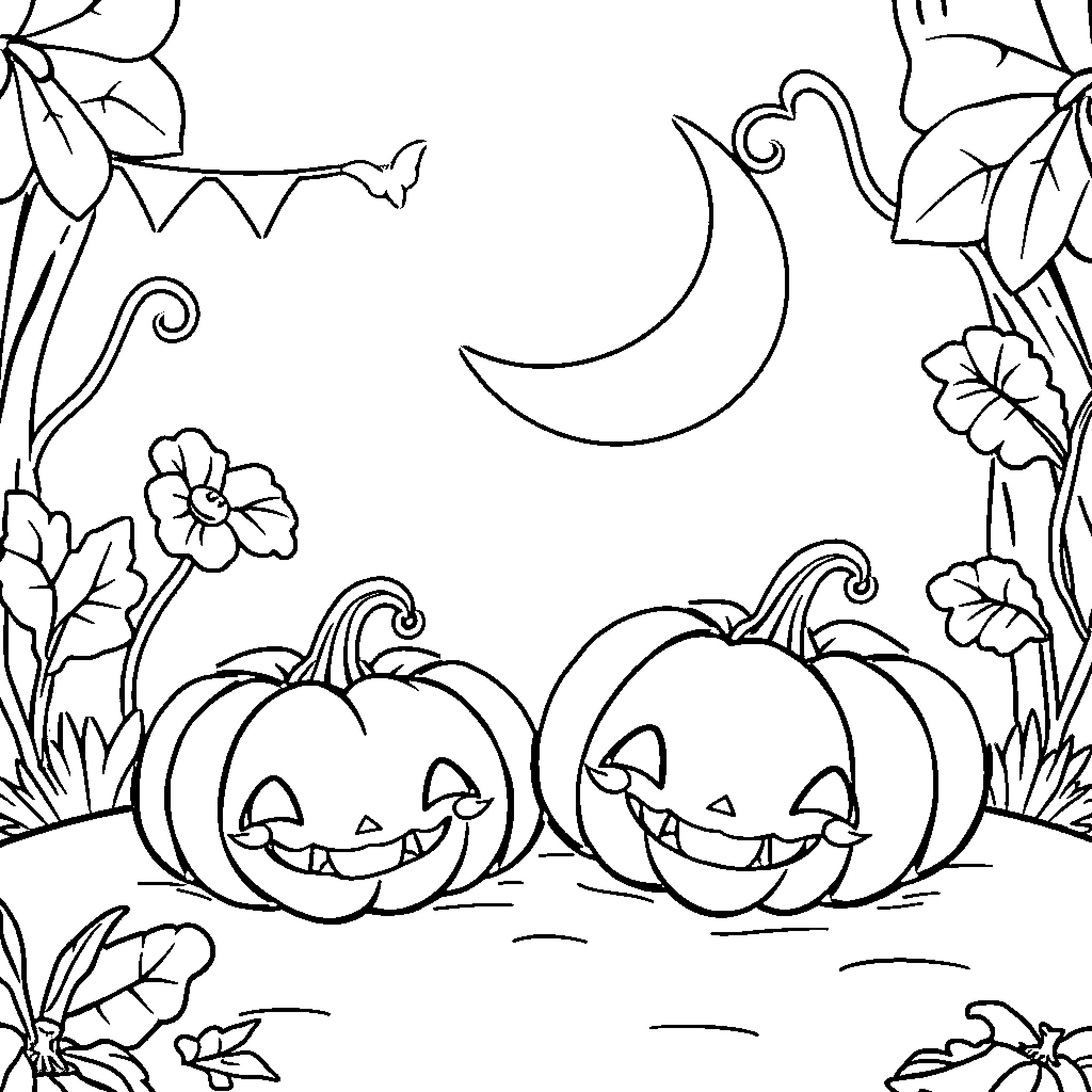 Pumpkin friends in the moonlit garden Coloring Page (free black-and-white line drawing printable PDF for all, from beginners to advanced learners, including children, teens, adults, and seniors)