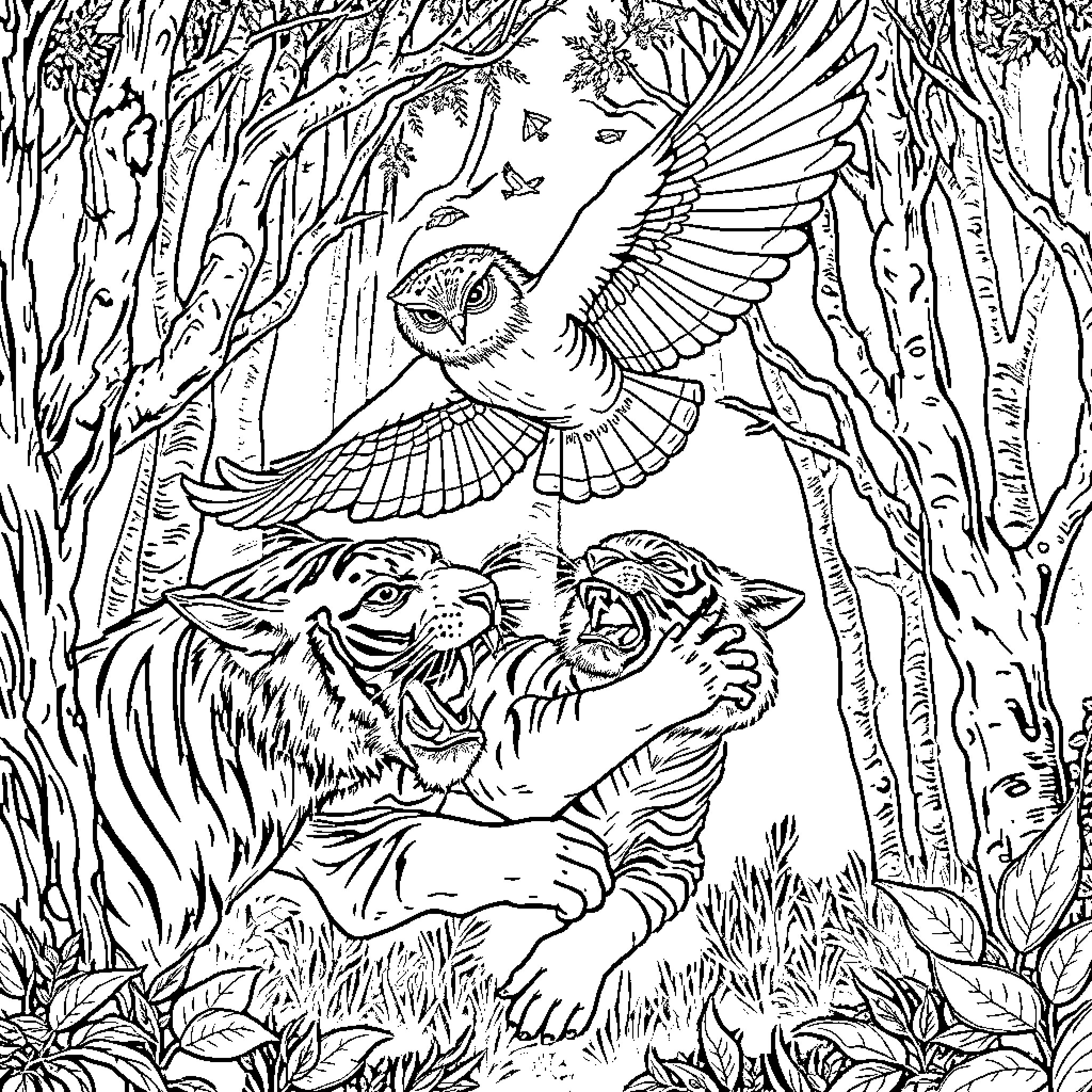 Owl soaring over prowling tigers in enchanted forest Coloring Page (free black-and-white line drawing printable PDF for all, from beginners to advanced learners, including children, teens, adults, and seniors)