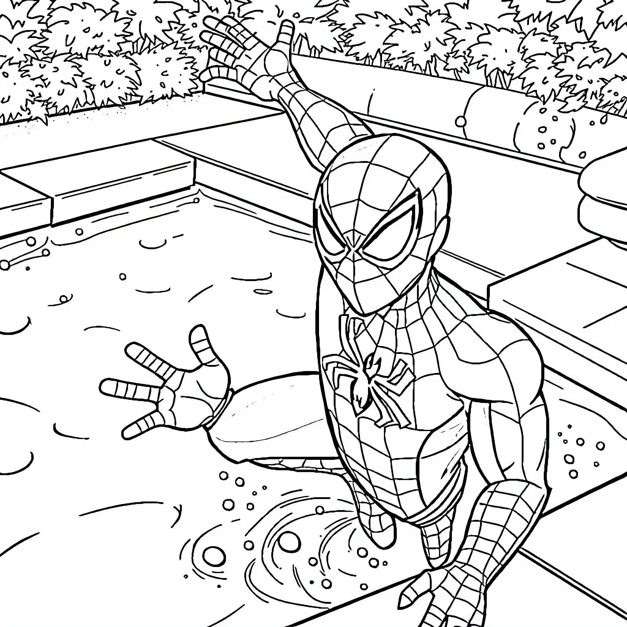Spider-Man swinging into action Coloring Page (free black-and-white line drawing printable PDF for all, from beginners to advanced learners, including children, teens, adults, and seniors)