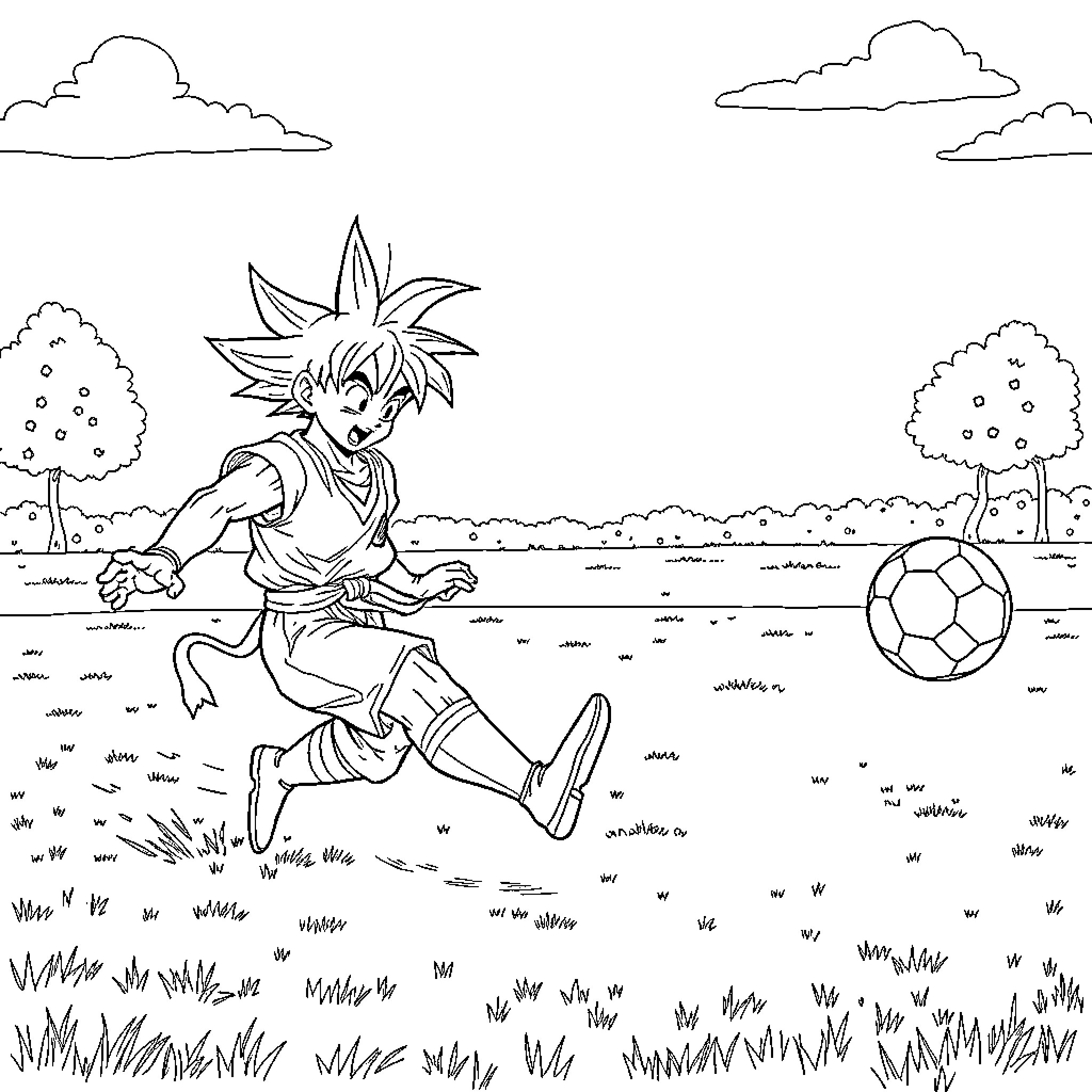 Son Goku playing soccer joyfully in a meadow Coloring Page (free black-and-white line drawing printable PDF for all, from beginners to advanced learners, including children, teens, adults, and seniors)