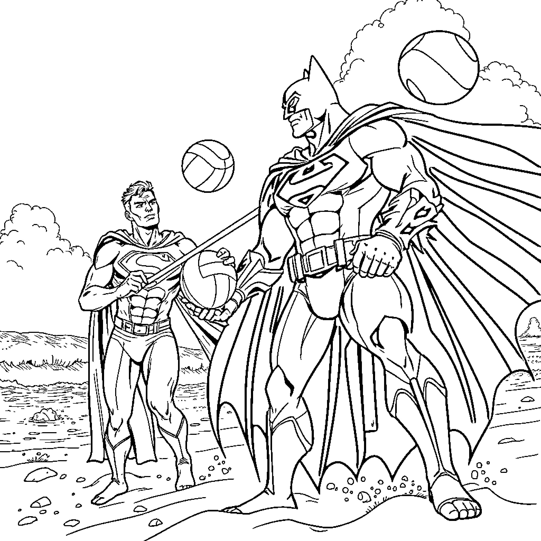 Superman and Batman playing with a volleyball Coloring Page (free black-and-white line drawing printable PDF for all, from beginners to advanced learners, including children, teens, adults, and seniors)