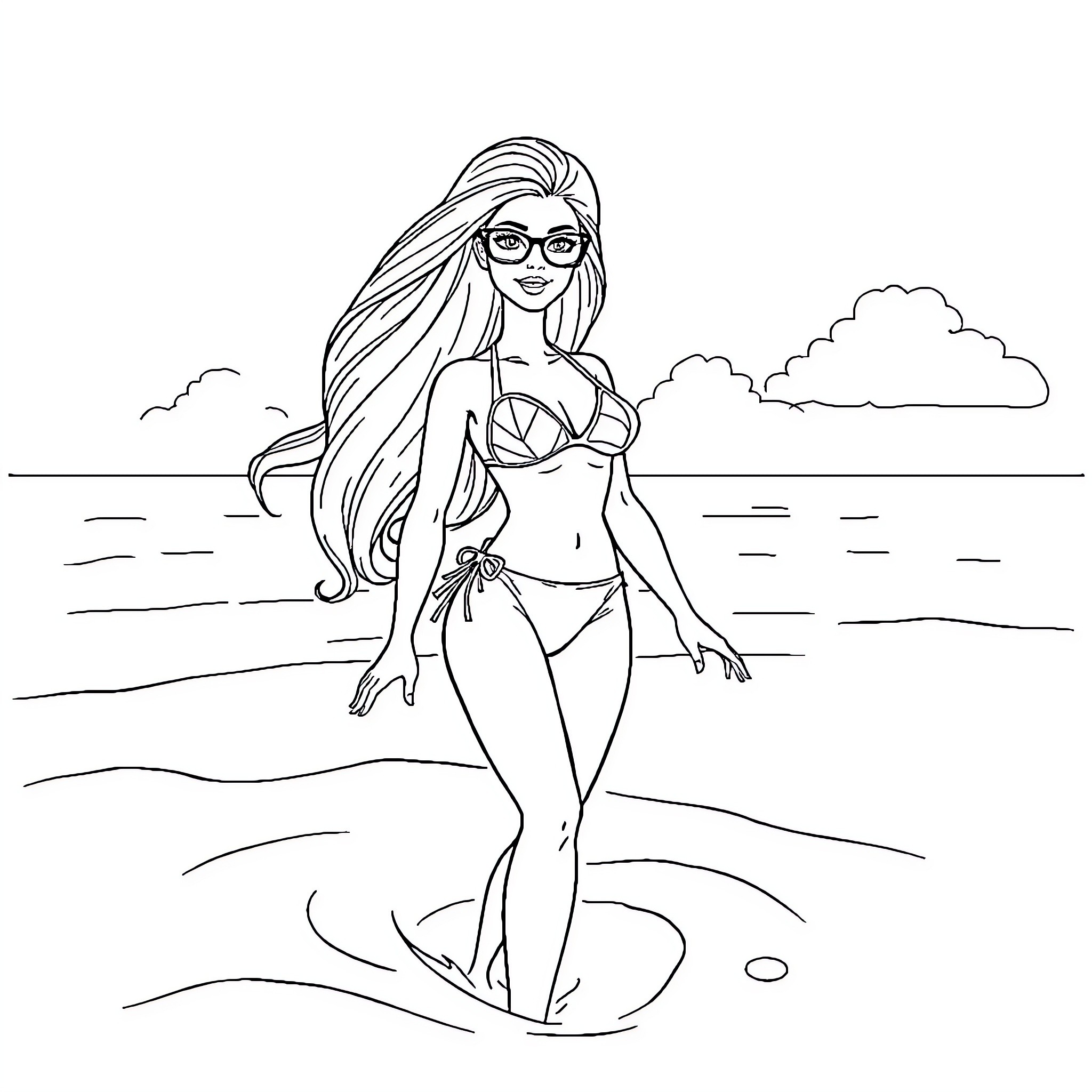 Barbie enjoying a day at the beach Coloring Page (free black-and-white line drawing printable PDF for all, from beginners to advanced learners, including children, teens, adults, and seniors)