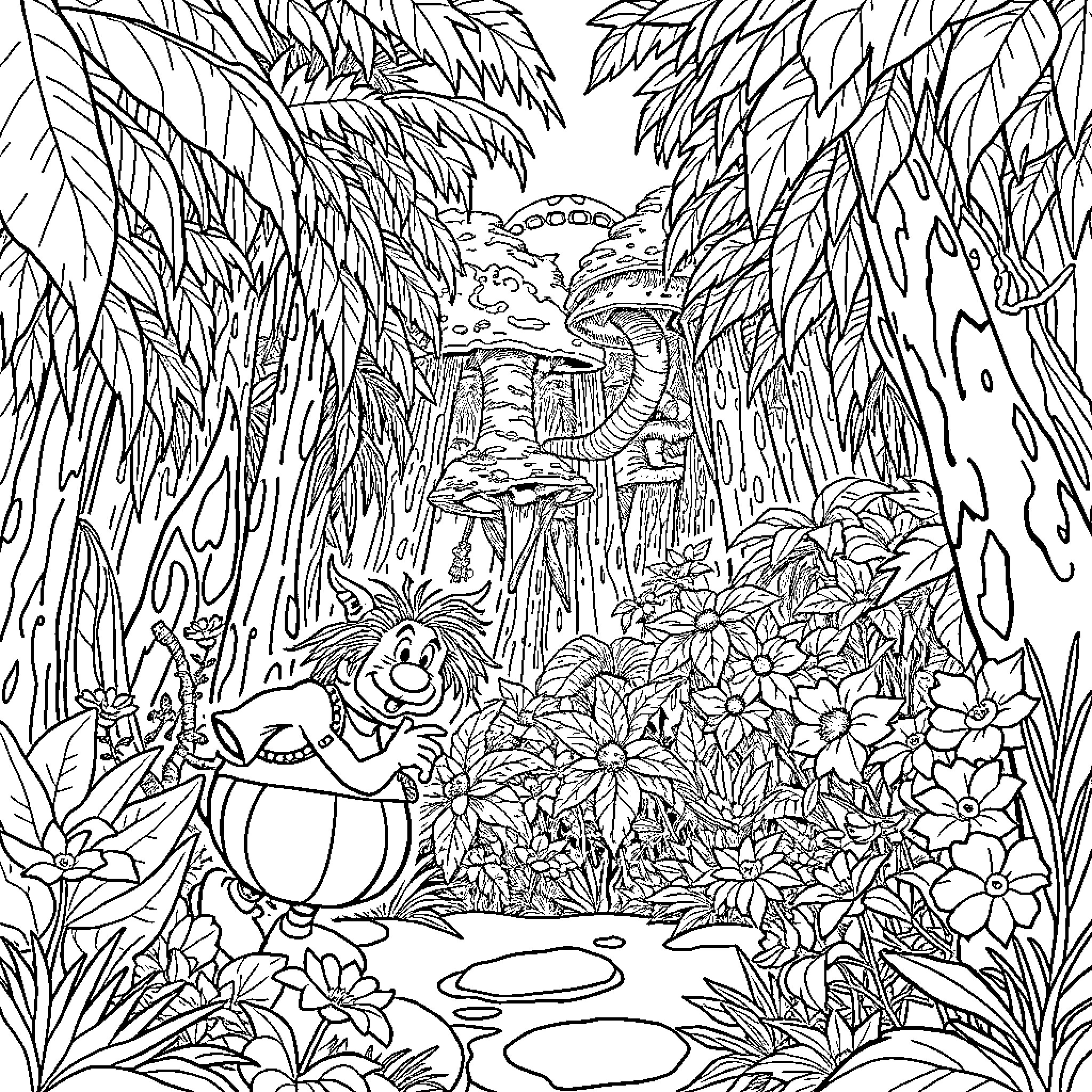 Asterix explores magical jungle landscape Coloring Page (free black-and-white line drawing printable PDF for all, from beginners to advanced learners, including children, teens, adults, and seniors)