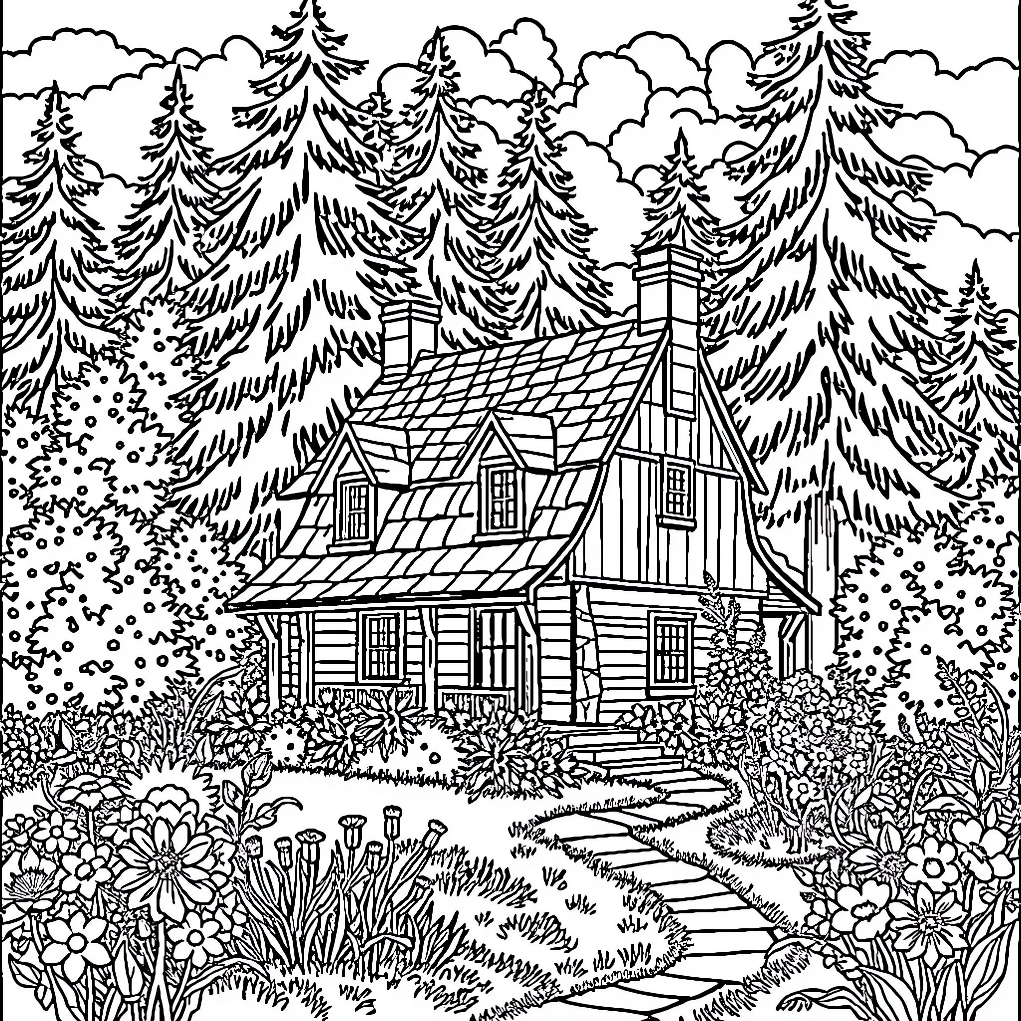 House in the Serene Forest Landscape Coloring Page (free black-and-white line drawing printable PDF for all, from beginners to advanced learners, including children, teens, adults, and seniors)