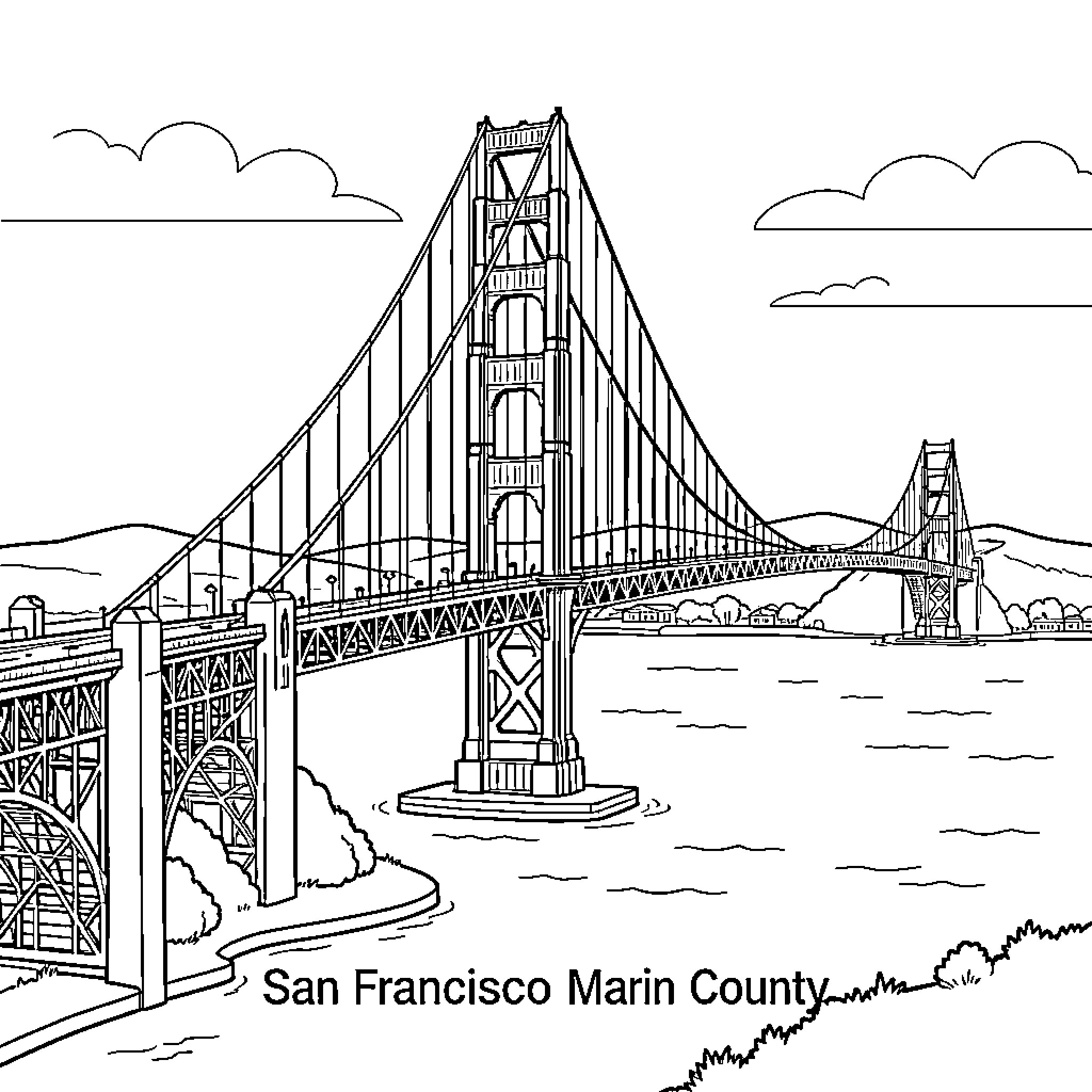 Golden Gate Bridge spanning across the water and hills Coloring Page (free black-and-white line drawing printable PDF for all, from beginners to advanced learners, including children, teens, adults, and seniors)