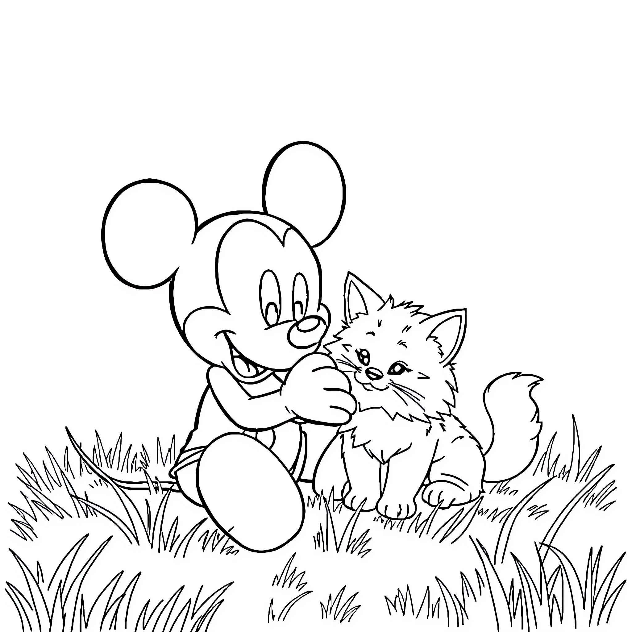 Mickey and a Furry Friend in the Grass Coloring Page (free black-and-white line drawing printable PDF for all, from beginners to advanced learners, including children, teens, adults, and seniors)