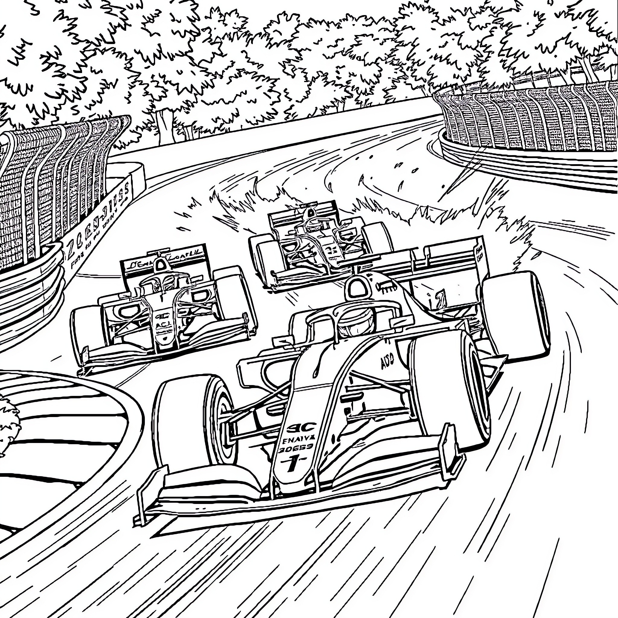 F1 Cars Racing on Track Through Lush Greenery Coloring Page (free black-and-white line drawing printable PDF for all, from beginners to advanced learners, including children, teens, adults, and seniors)