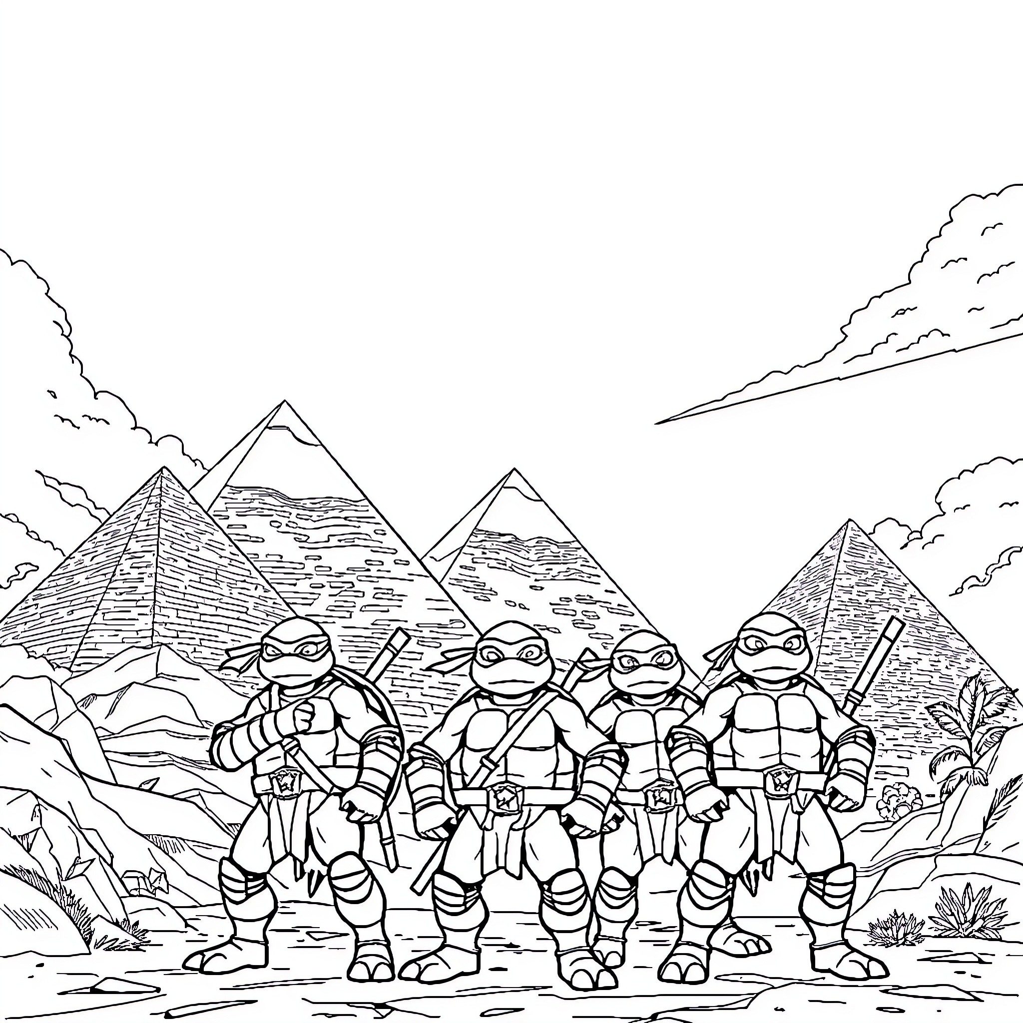 Ninja Turtles exploring the ancient pyramids Coloring Page (free black-and-white line drawing printable PDF for all, from beginners to advanced learners, including children, teens, adults, and seniors)