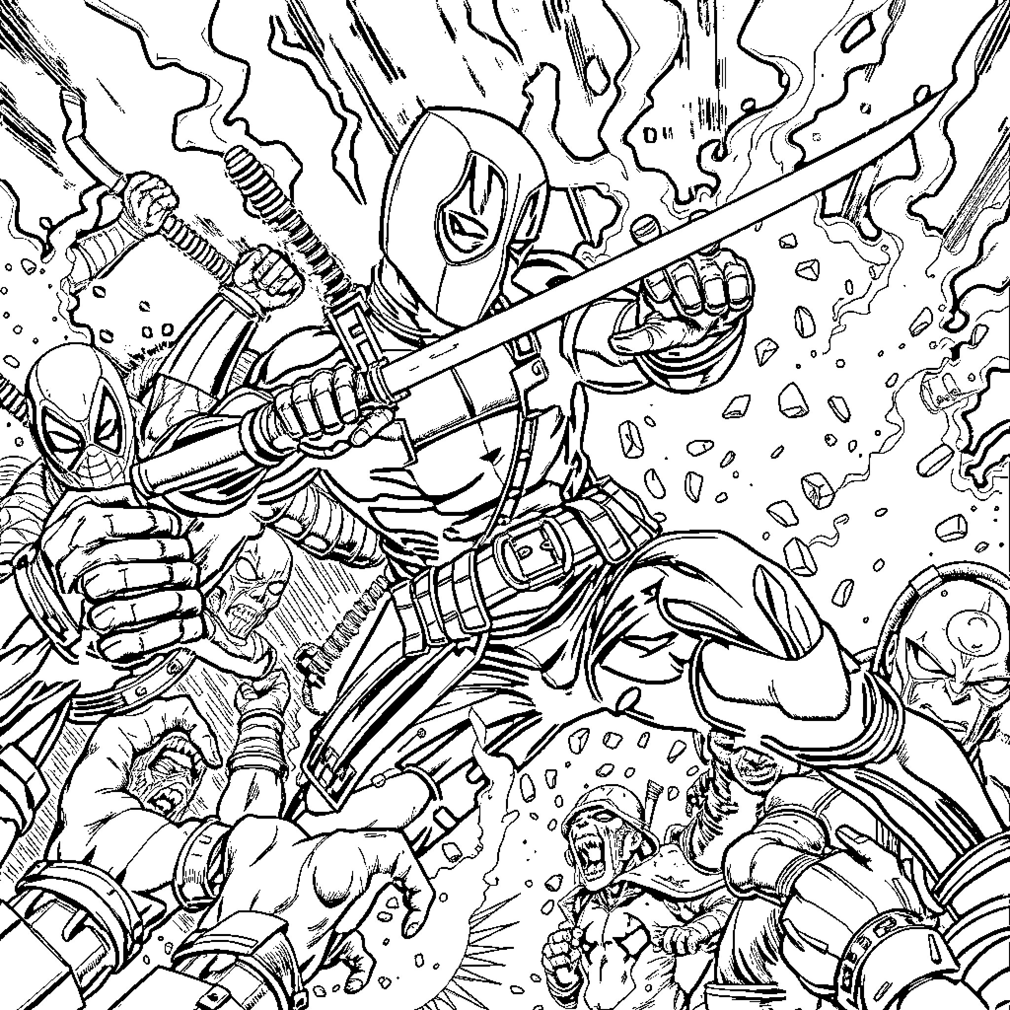Deadpool's explosive battle against superheroes Coloring Page (free black-and-white line drawing printable PDF for all, from beginners to advanced learners, including children, teens, adults, and seniors)