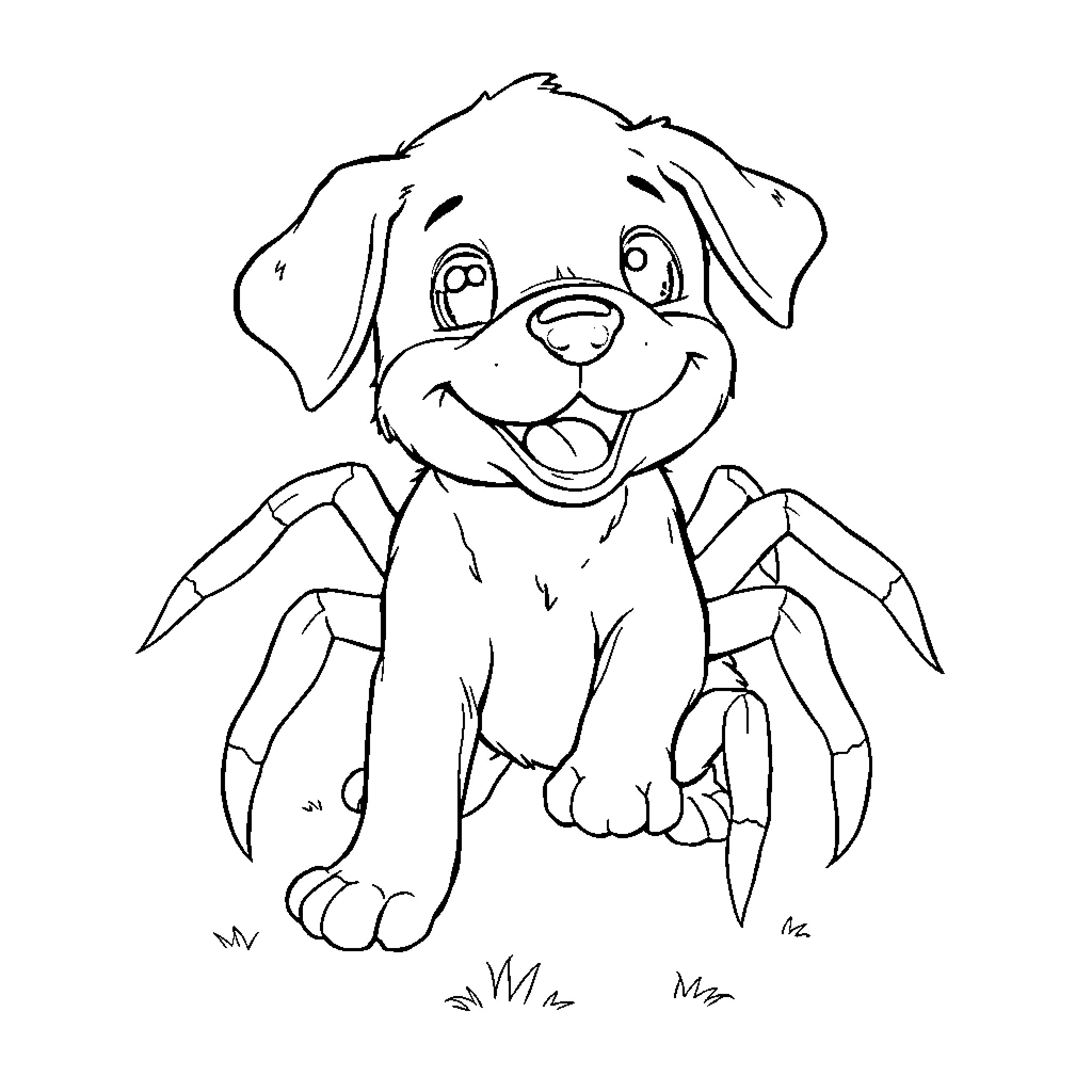 Spider Puppy playing in the grass Coloring Page (free black-and-white line drawing printable PDF for all, from beginners to advanced learners, including children, teens, adults, and seniors)