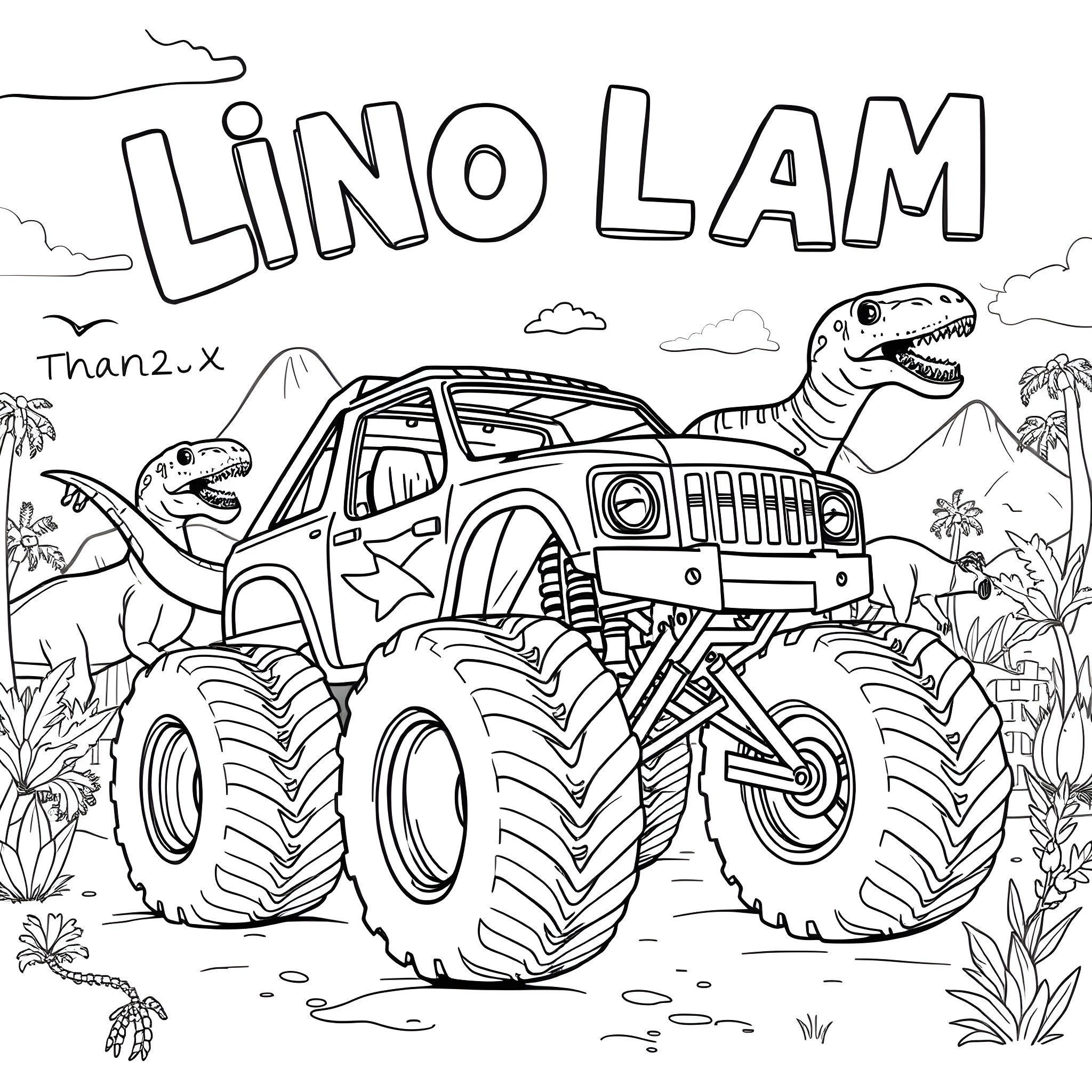 Monster Truck Crushing Dinosaurs in the Jungle Coloring Page (free black-and-white line drawing printable PDF for all, from beginners to advanced learners, including children, teens, adults, and seniors)