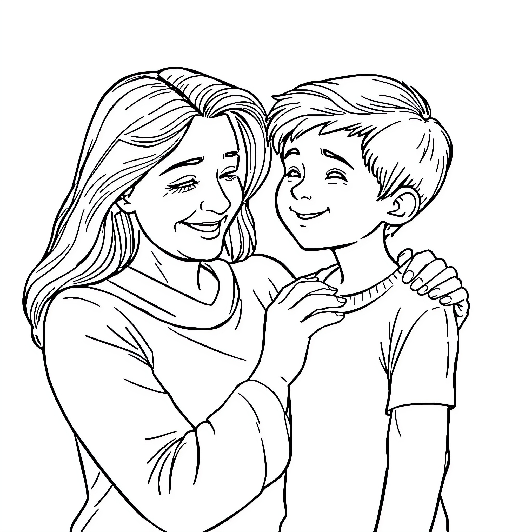 Mom and son spending quality time together Coloring Page (free black-and-white line drawing printable PDF for all, from beginners to advanced learners, including children, teens, adults, and seniors)