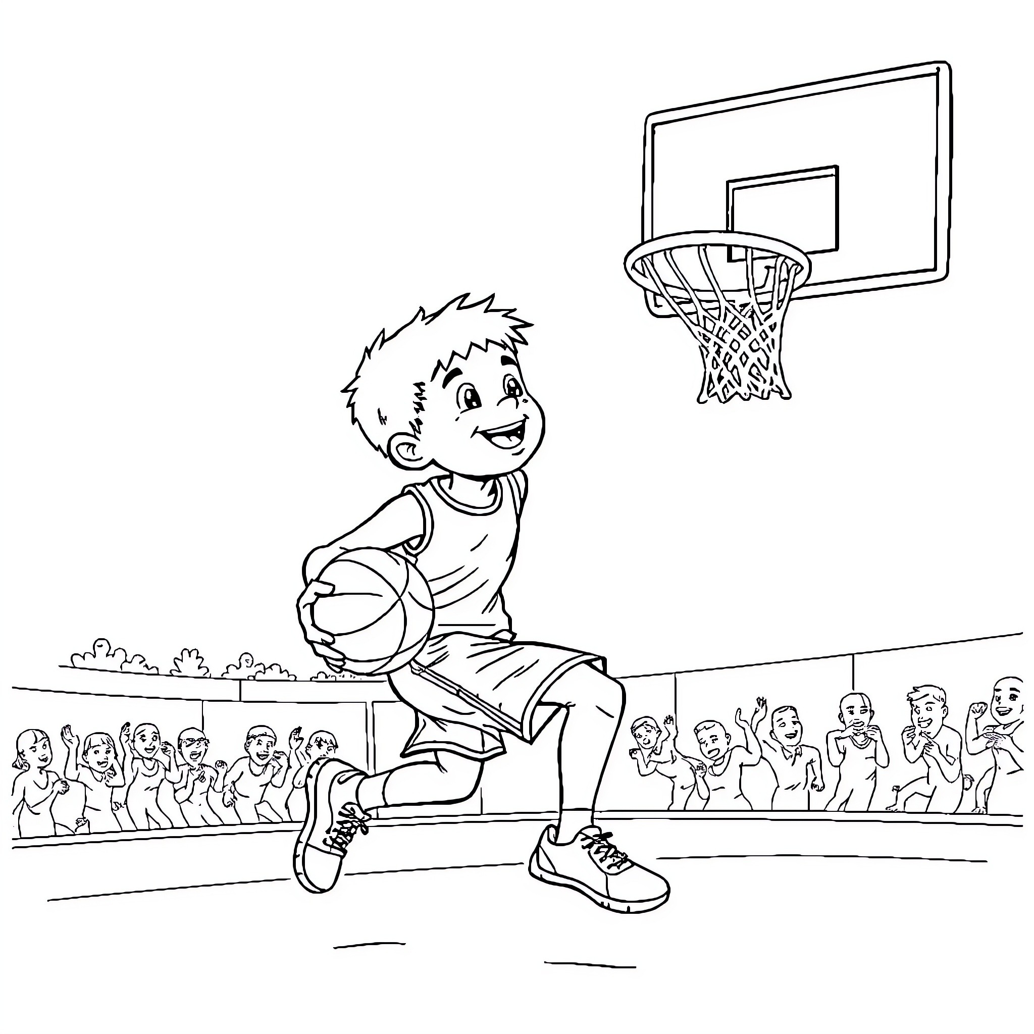 Boy playing basketball on court with spectators Coloring Page (free black-and-white line drawing printable PDF for all, from beginners to advanced learners, including children, teens, adults, and seniors)