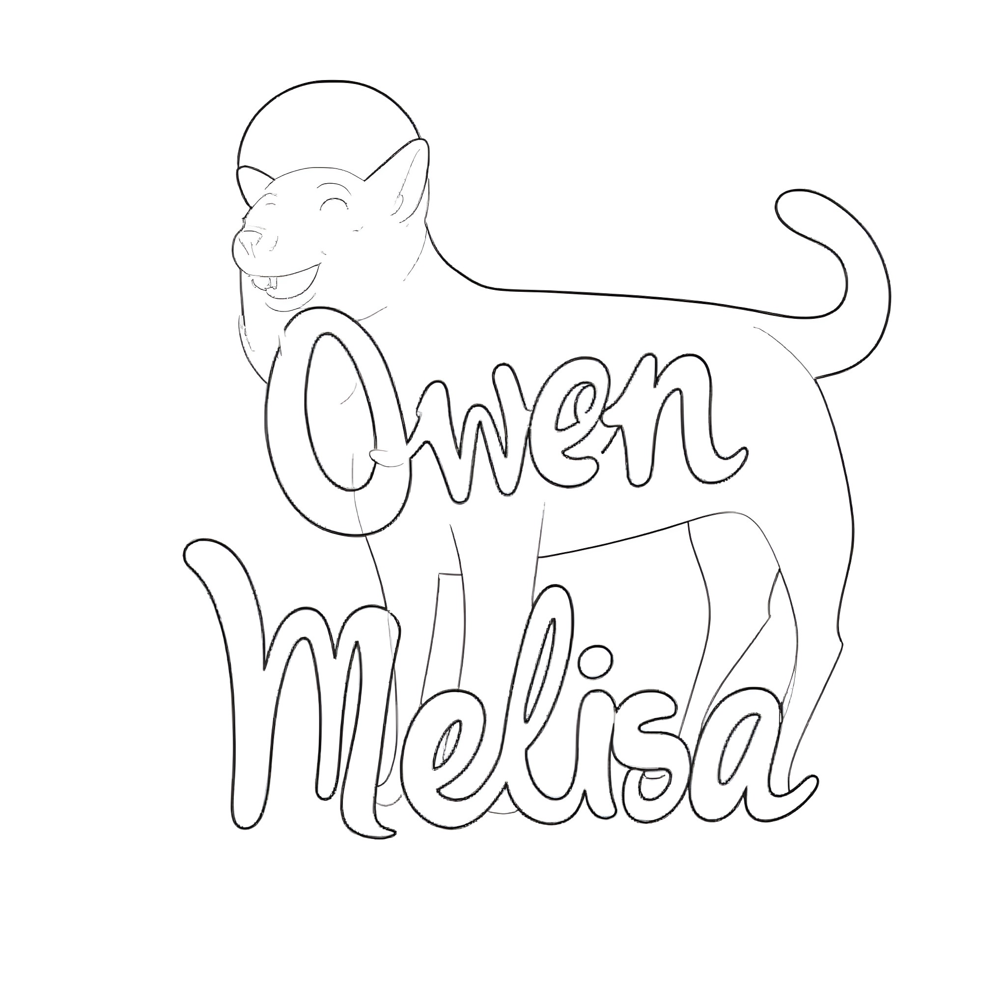 Name a smiling pet dog with custom text Coloring Page (free black-and-white line drawing printable PDF for all, from beginners to advanced learners, including children, teens, adults, and seniors)